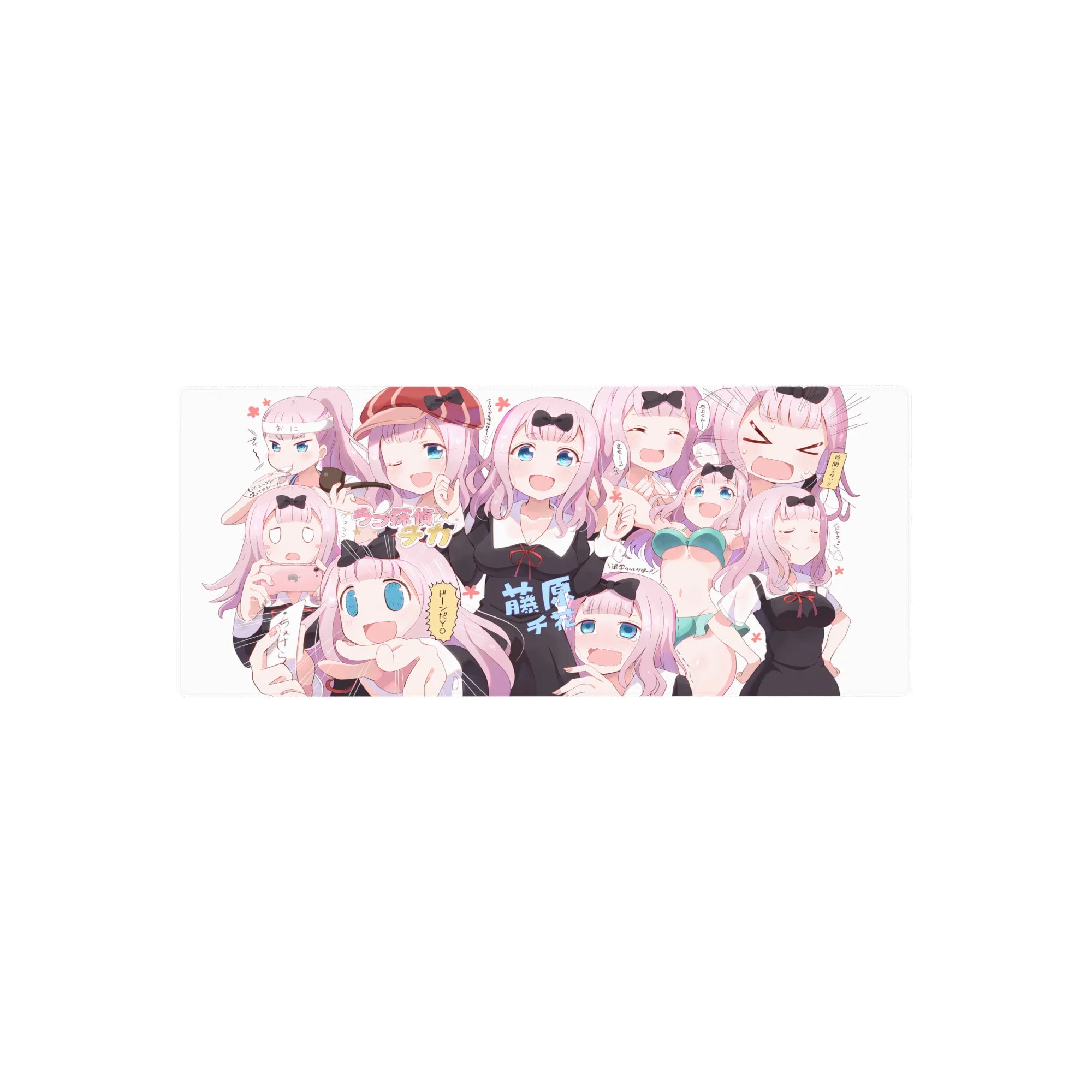 28x12 inches anime girl mouse pad with Chika collage, cute bows, pastel pink layout, smooth desk mat.