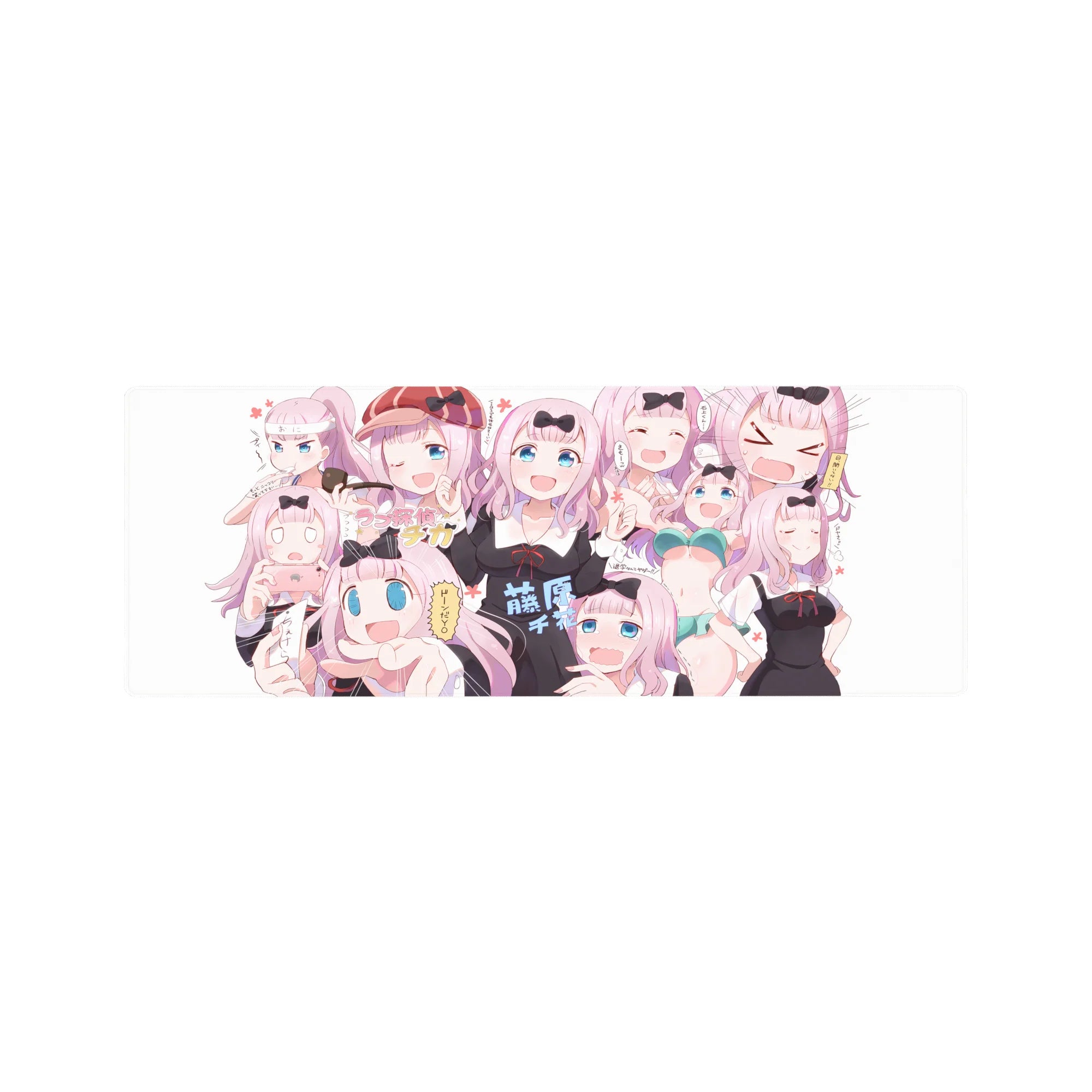 32x12 inches anime girl mouse pad with pink collage, bows, black ribbons, and big blue eyes.
