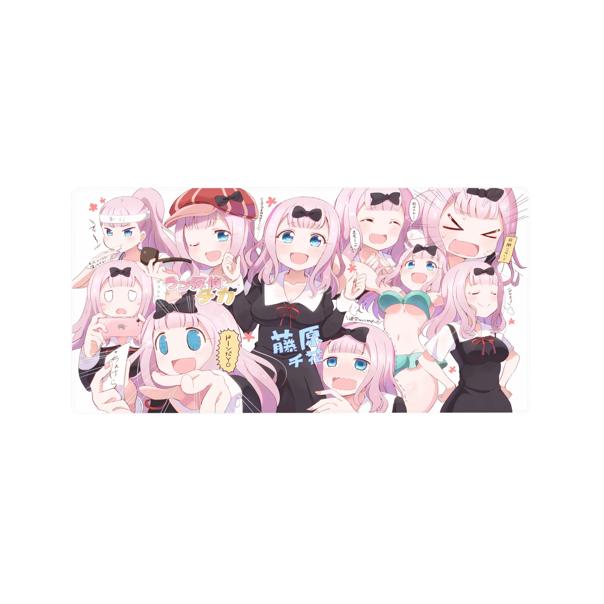 32x16 inches anime girl mouse pad with Chika-style collage, cute bows, and playful expressions.