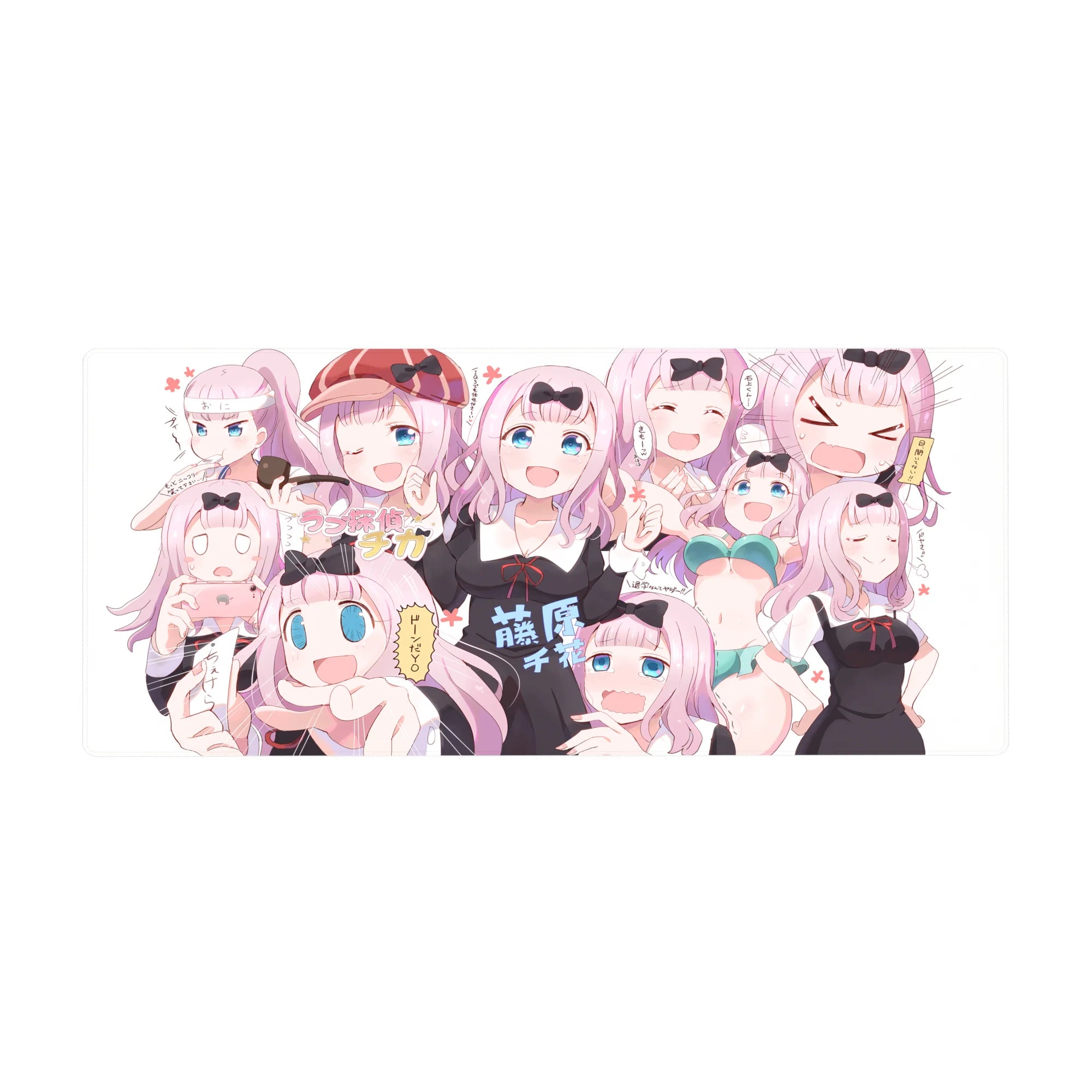 36x16 inches anime girl desk pad with Chika Fujiwara collage, cute bows, pastel pink and crisp black ribbons.