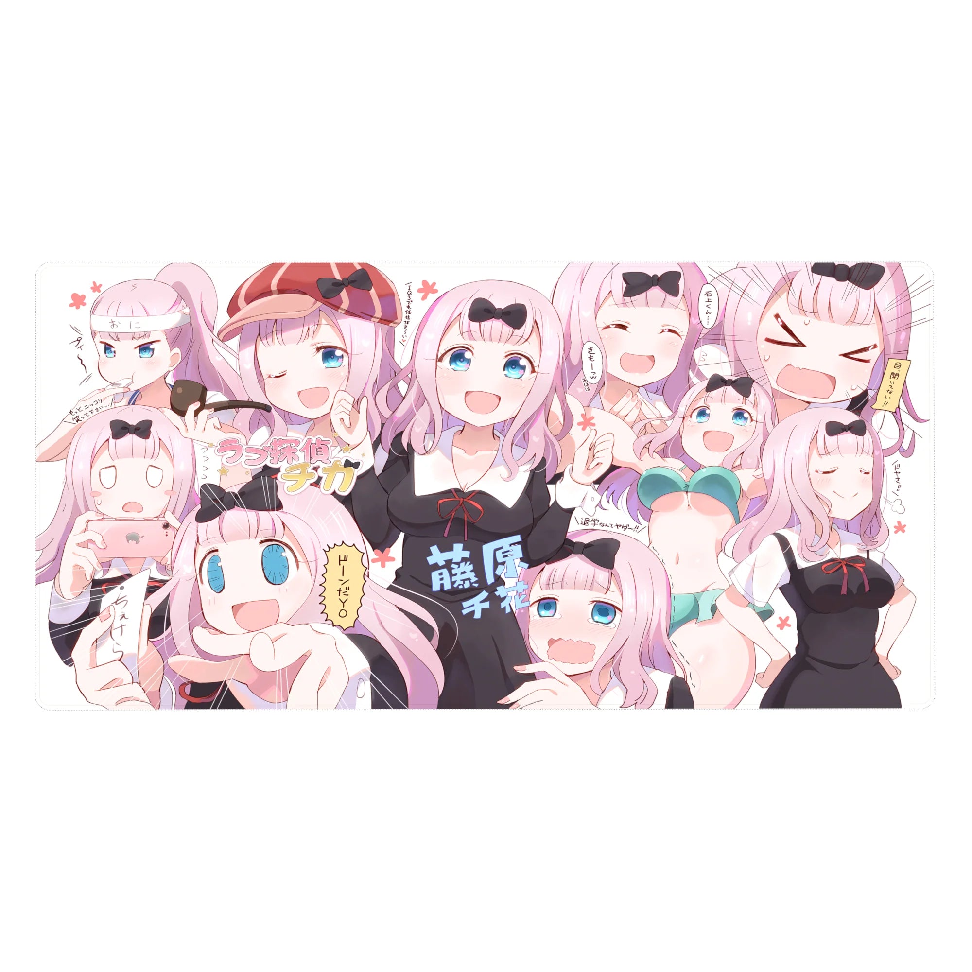 40x20 inches anime girl desk pad with Chika Fujiwara collage, cute bows, and playful expressions.