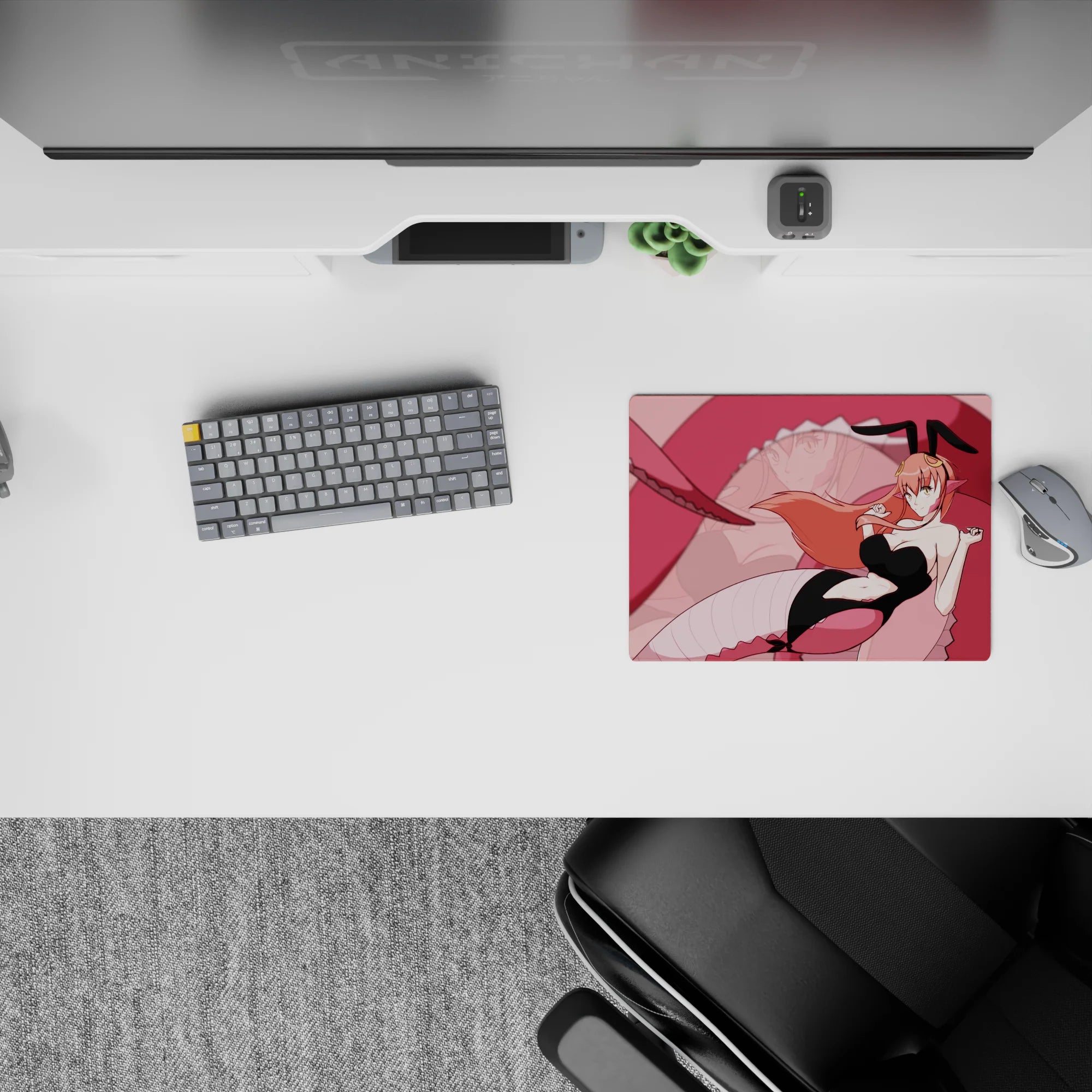 Blush pink fantasy anime girl mouse pad 14x10 inches, playful flirty vibe, smooth glide, clean line art.