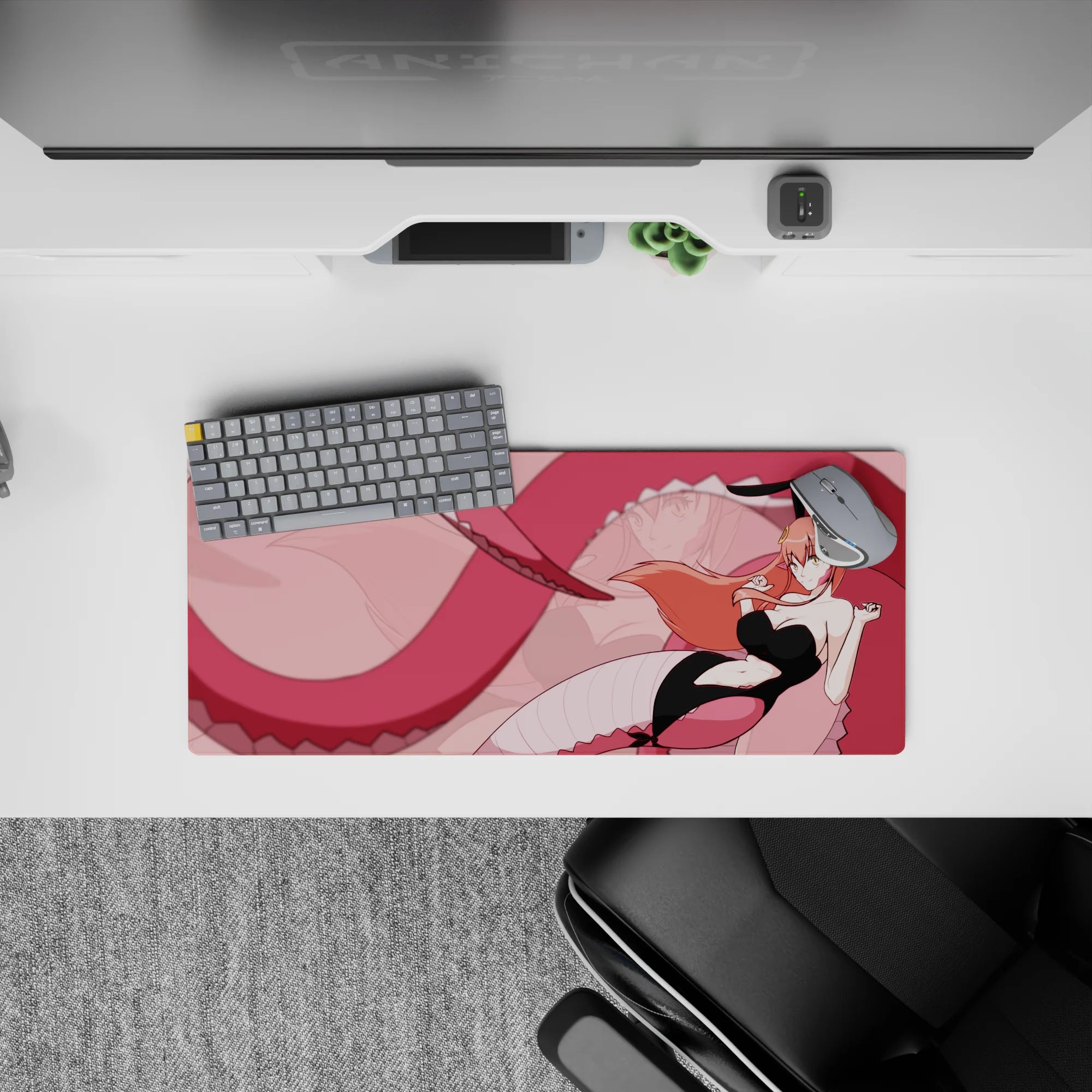 28x12 inches anime girl mouse pad in soft blush pinks, flirty fantasy vibe, smooth desk mat for gaming and work.