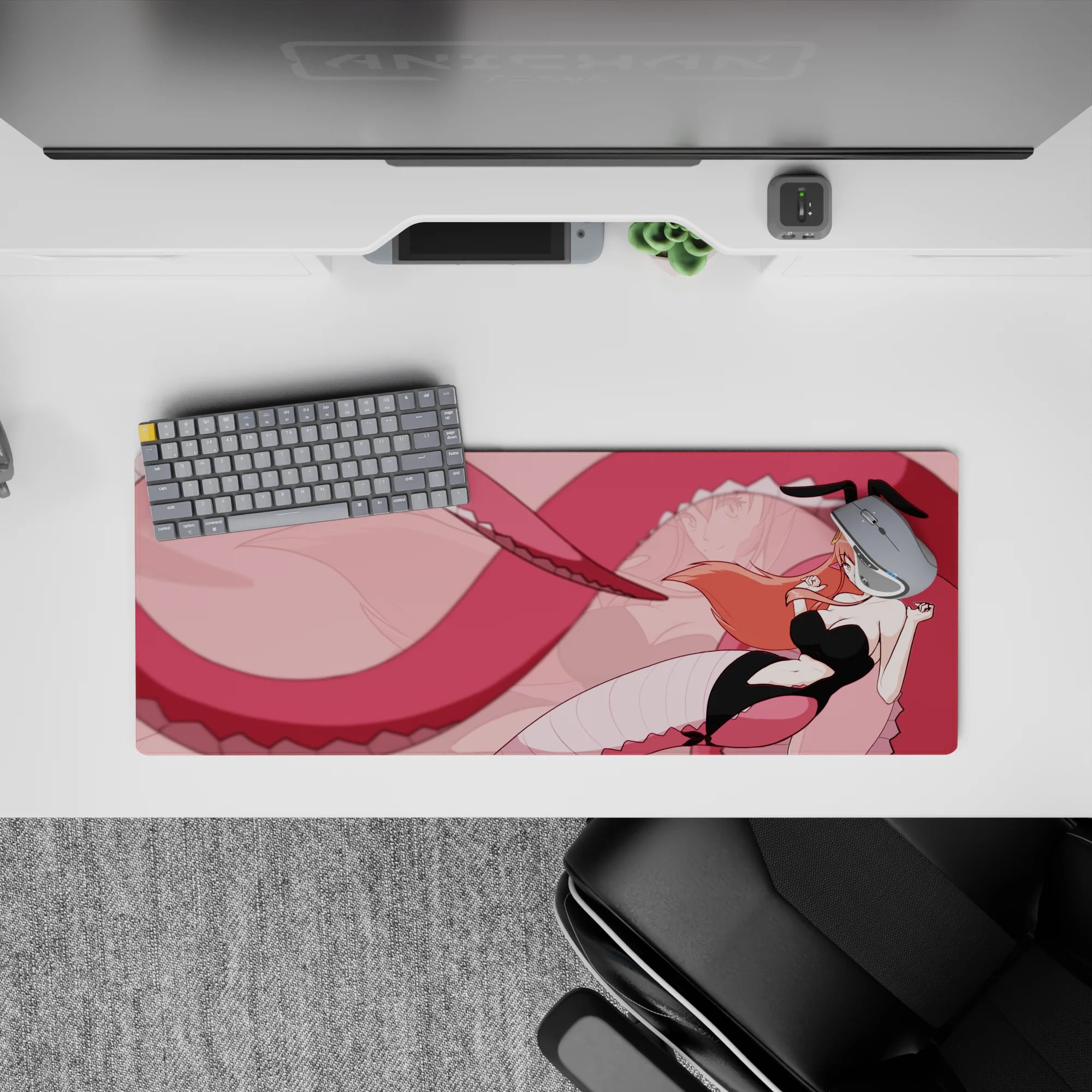 Blush pink anime girl mouse pad 32x12 inches, flirty fantasy vibe with soft peach hair and clean linework.