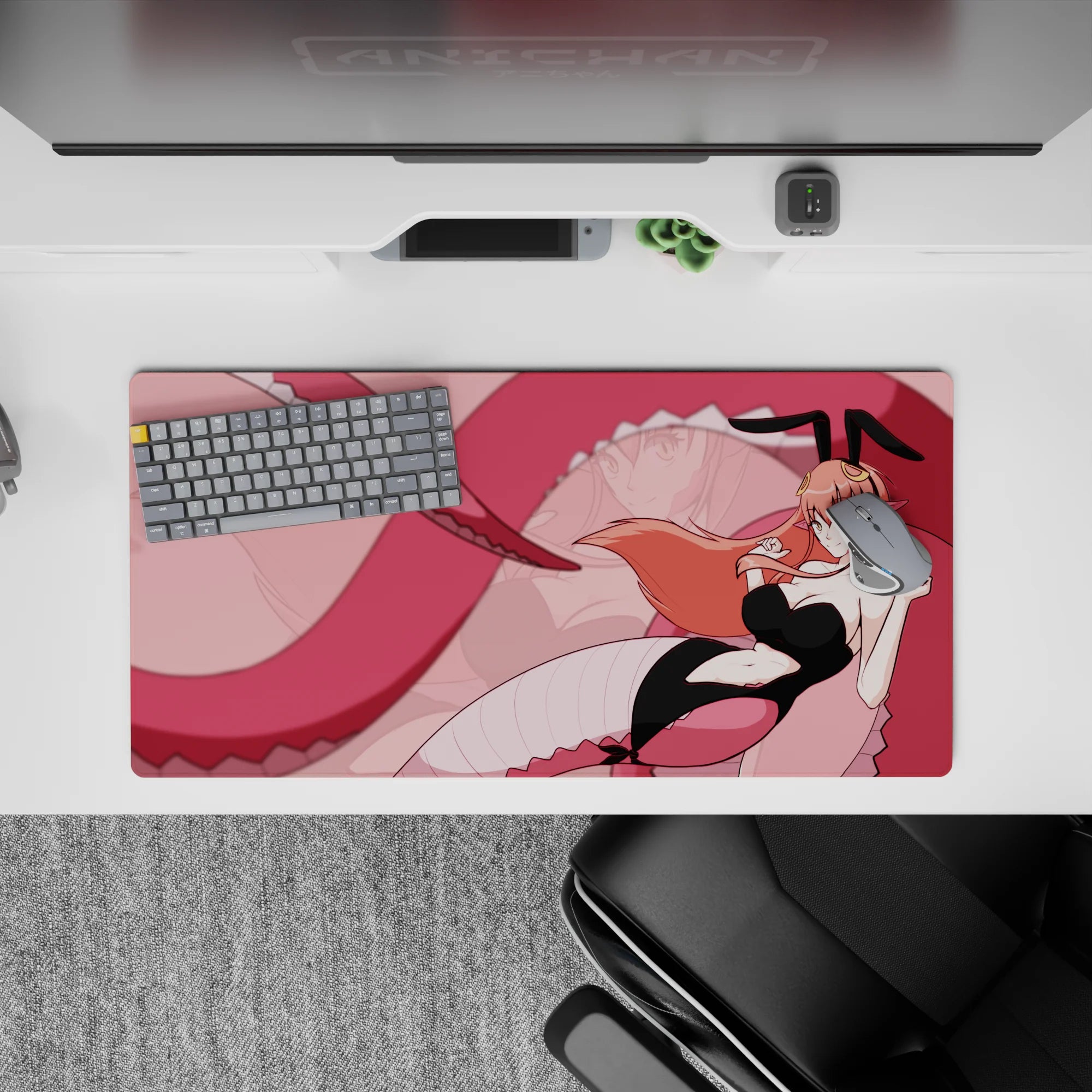 Pink blush anime girl mouse pad 32x16 inches, flirty fantasy vibe with soft pastels and clean line art.