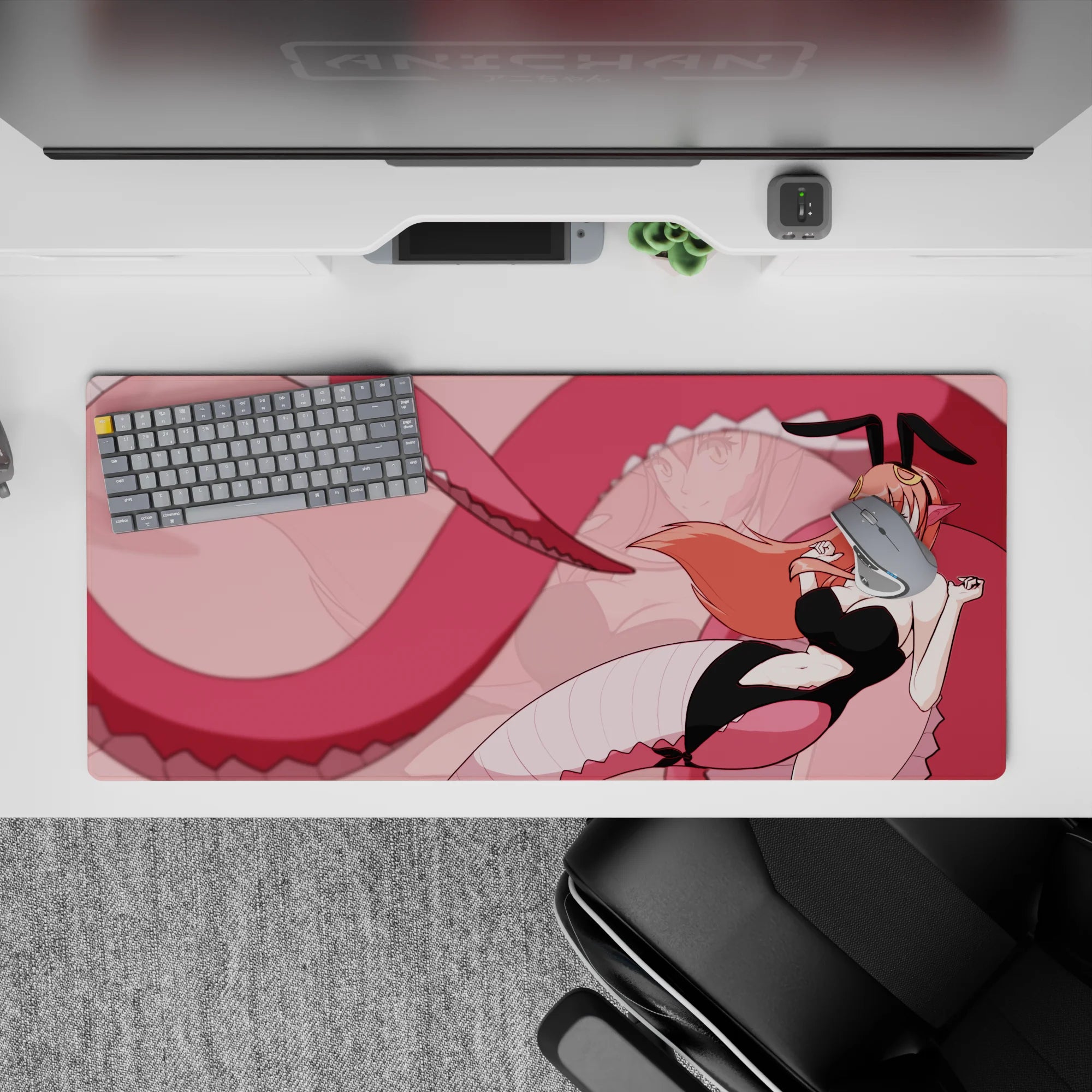 36x16 inches pink blush anime desk pad, flirty fantasy vibe with cute chaotic wink and smooth glide.