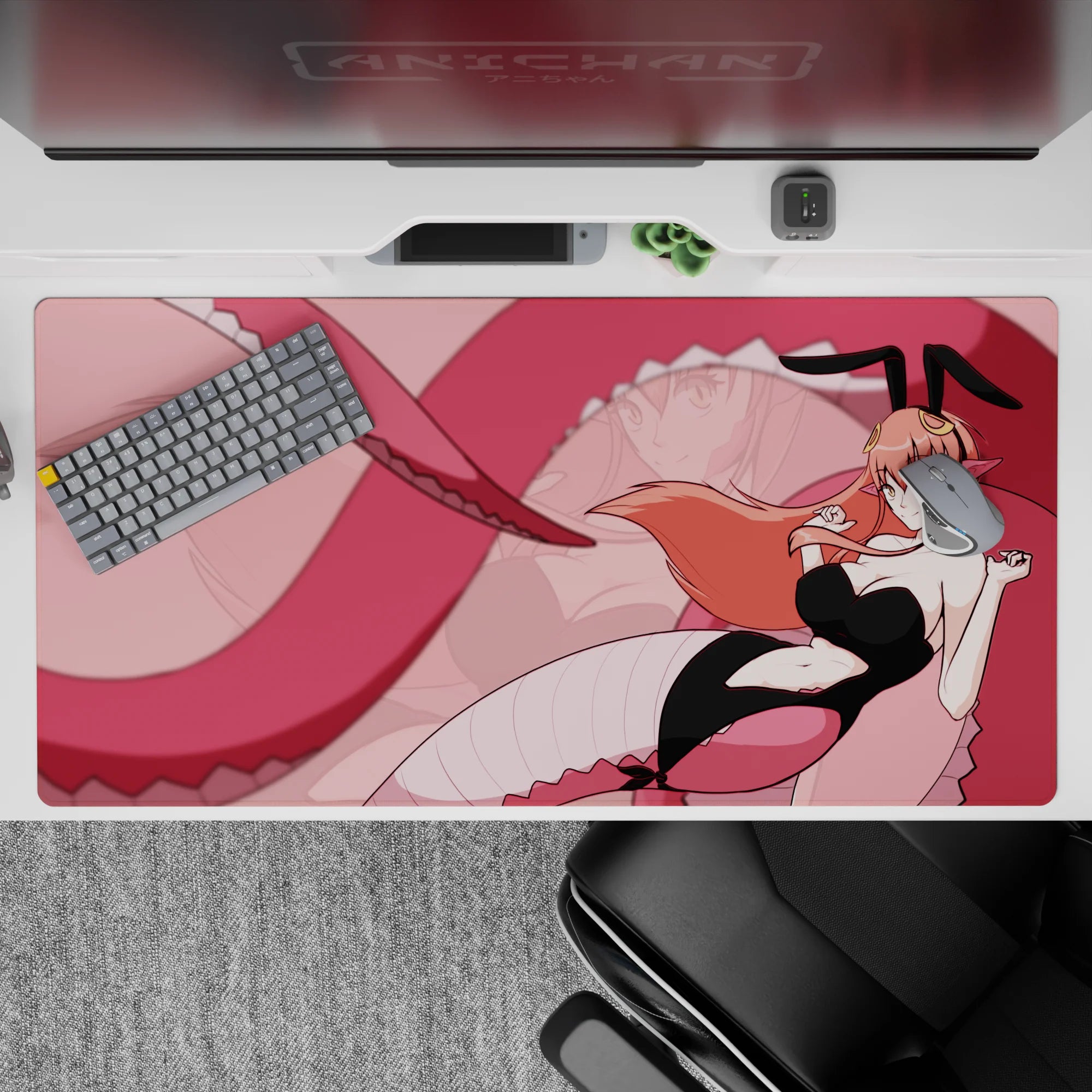 Soft blush pink anime desk pad with playful, mischievous vibe and smooth glide surface, 40x20 inches.