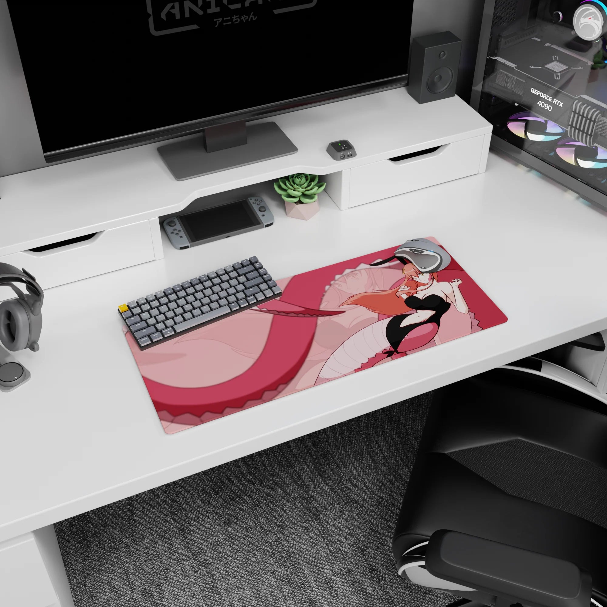 28x12 inches anime girl mouse pad featuring peach-haired bunny-eared girl with a mischievous grin and ribbon accents.