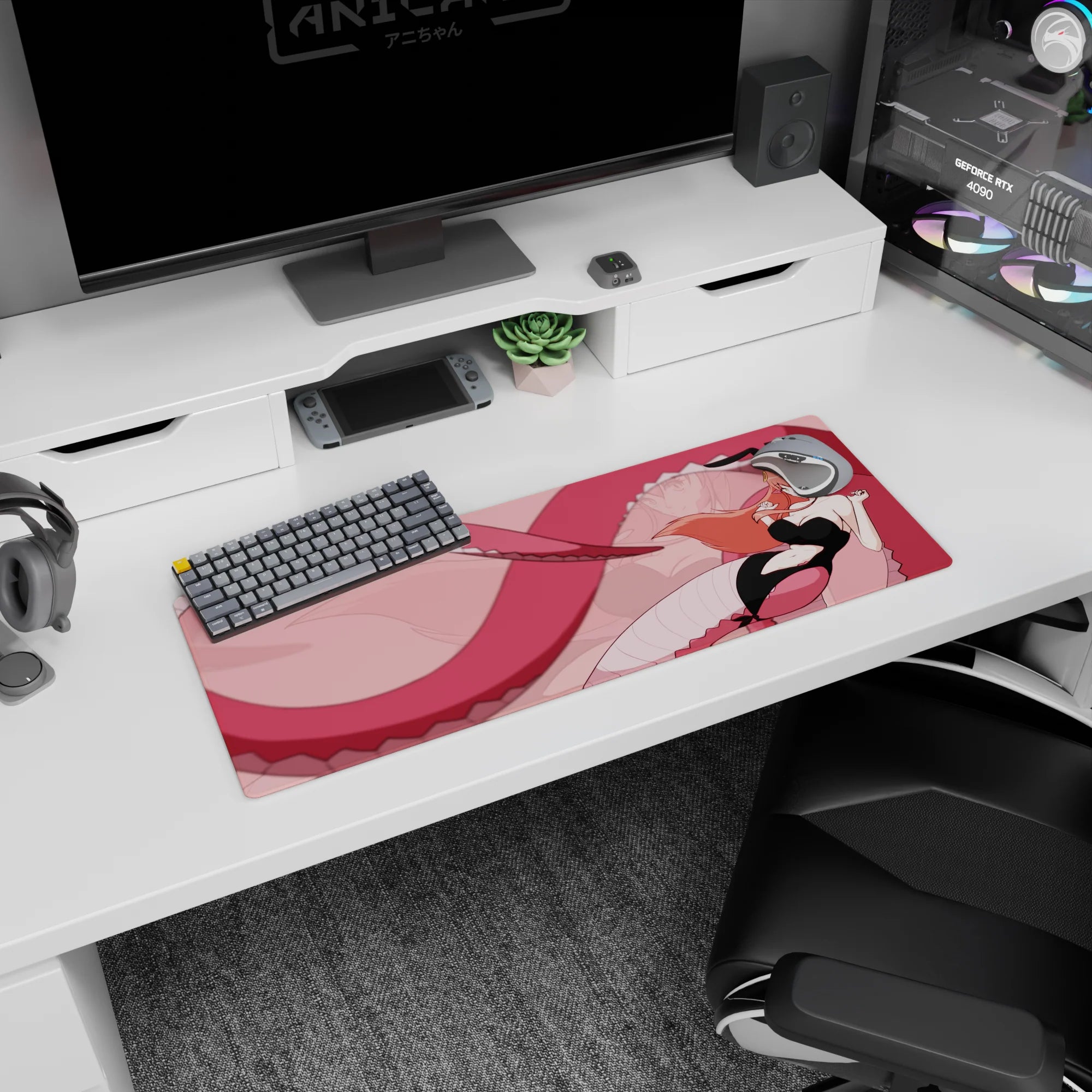 Mischievous bunny-suit anime girl with long peach hair and pointy ears on 32x12 inches desk mouse pad.