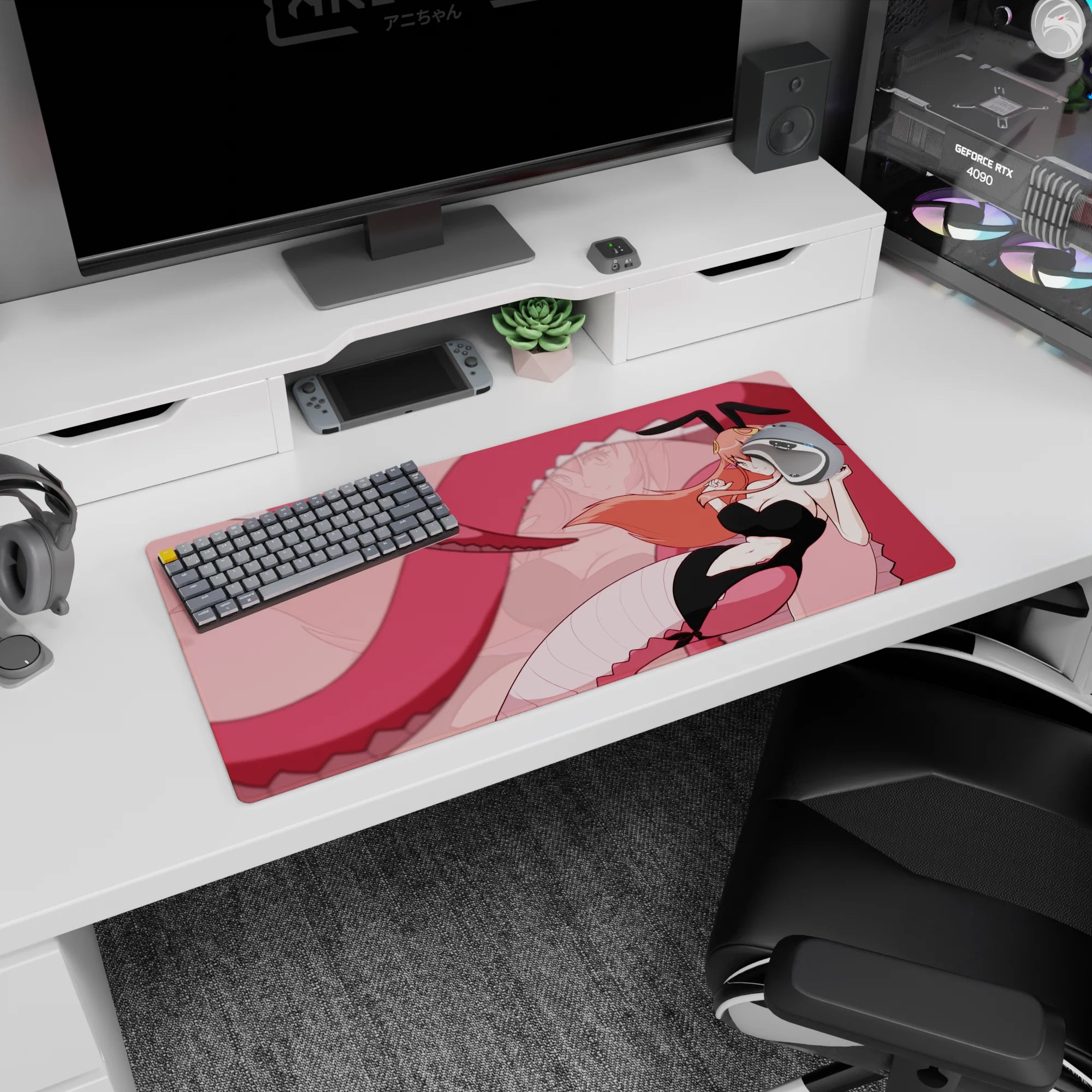 Mischievous bunny-eared anime girl with long peach hair grin on mouse pad 32x16 inches, caught-you-looking.