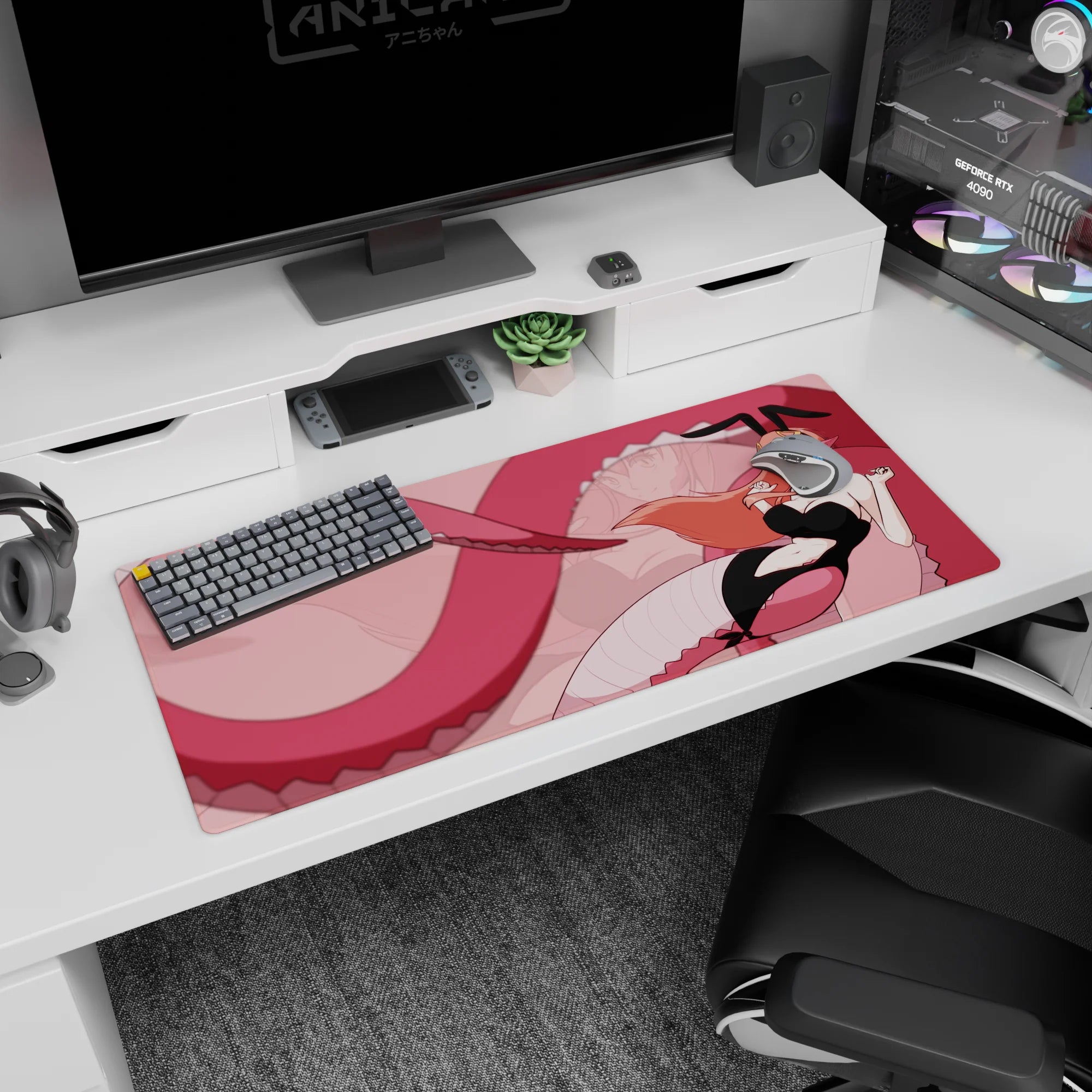 36x16 inches desk pad featuring peach-haired bunny girl with pointy ears and caught-you-looking grin.