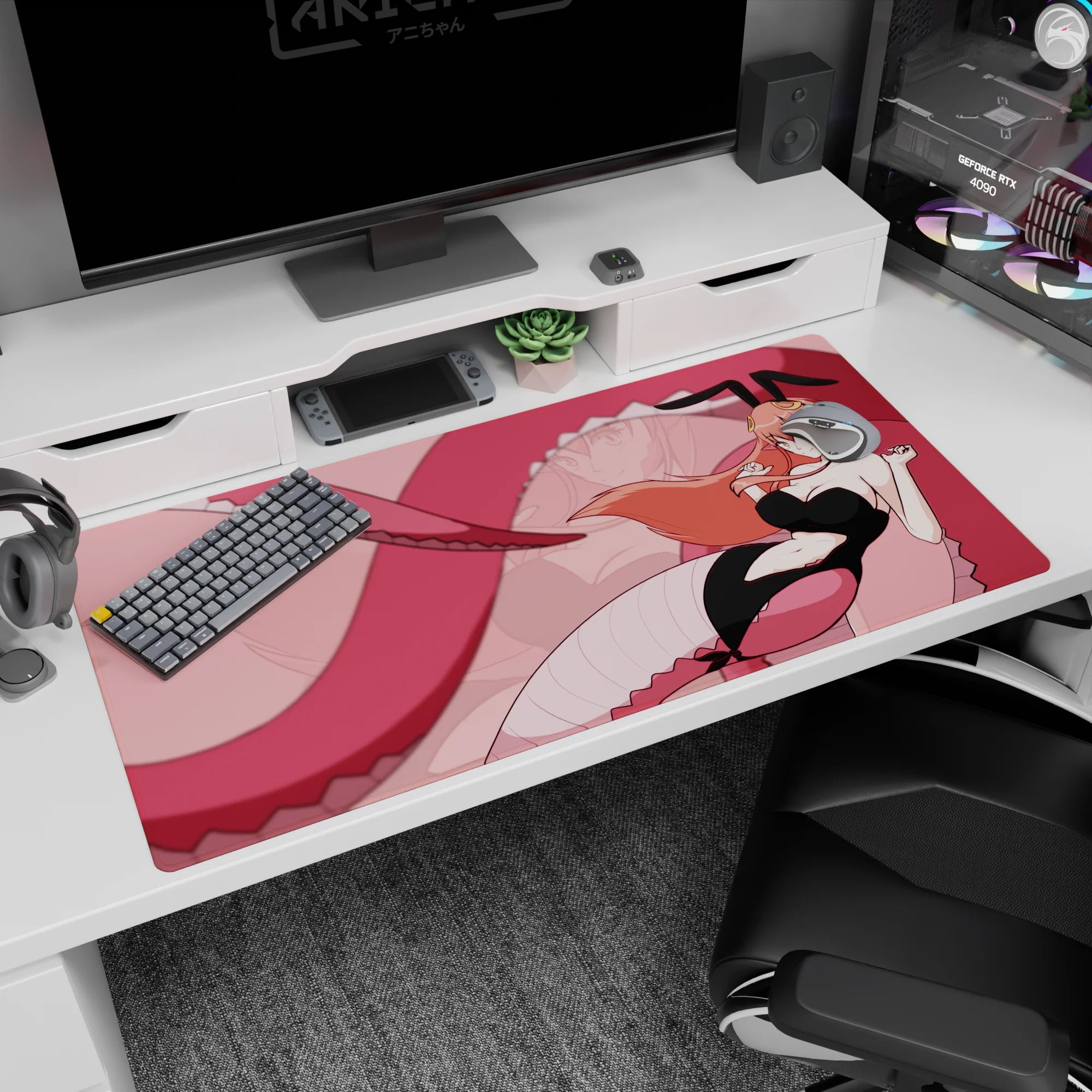 Mischievous bunny girl with long peach hair and pointy ears smirking on anime desk pad, 40x20 inches.