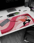 Mischievous bunny girl with long peach hair and pointy ears smirking on anime desk pad, 40x20 inches.