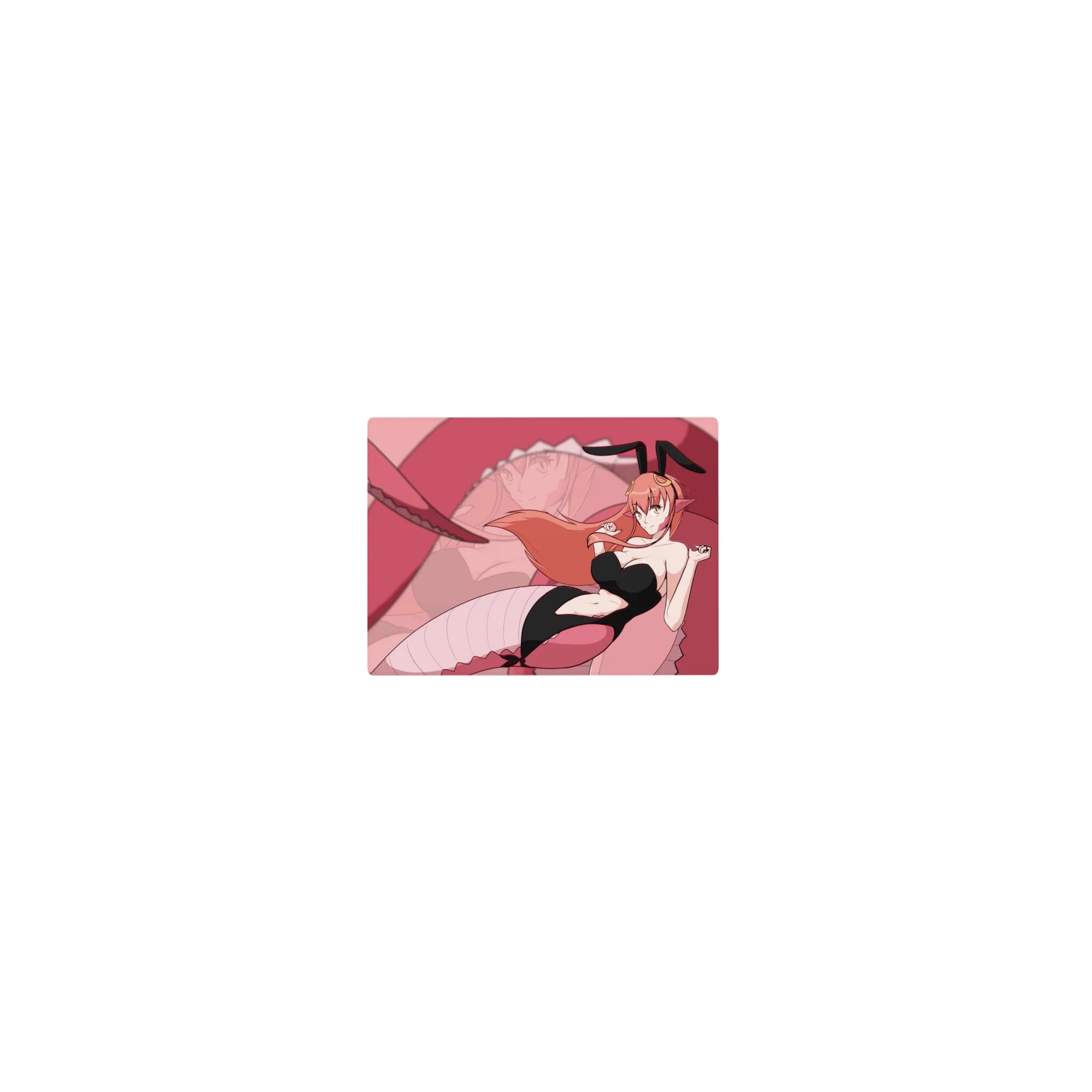 Classic anime girl mouse pad 14x10 inches with bunny-suit girl, peach hair, ribbon accents, swirl tail backdrop.