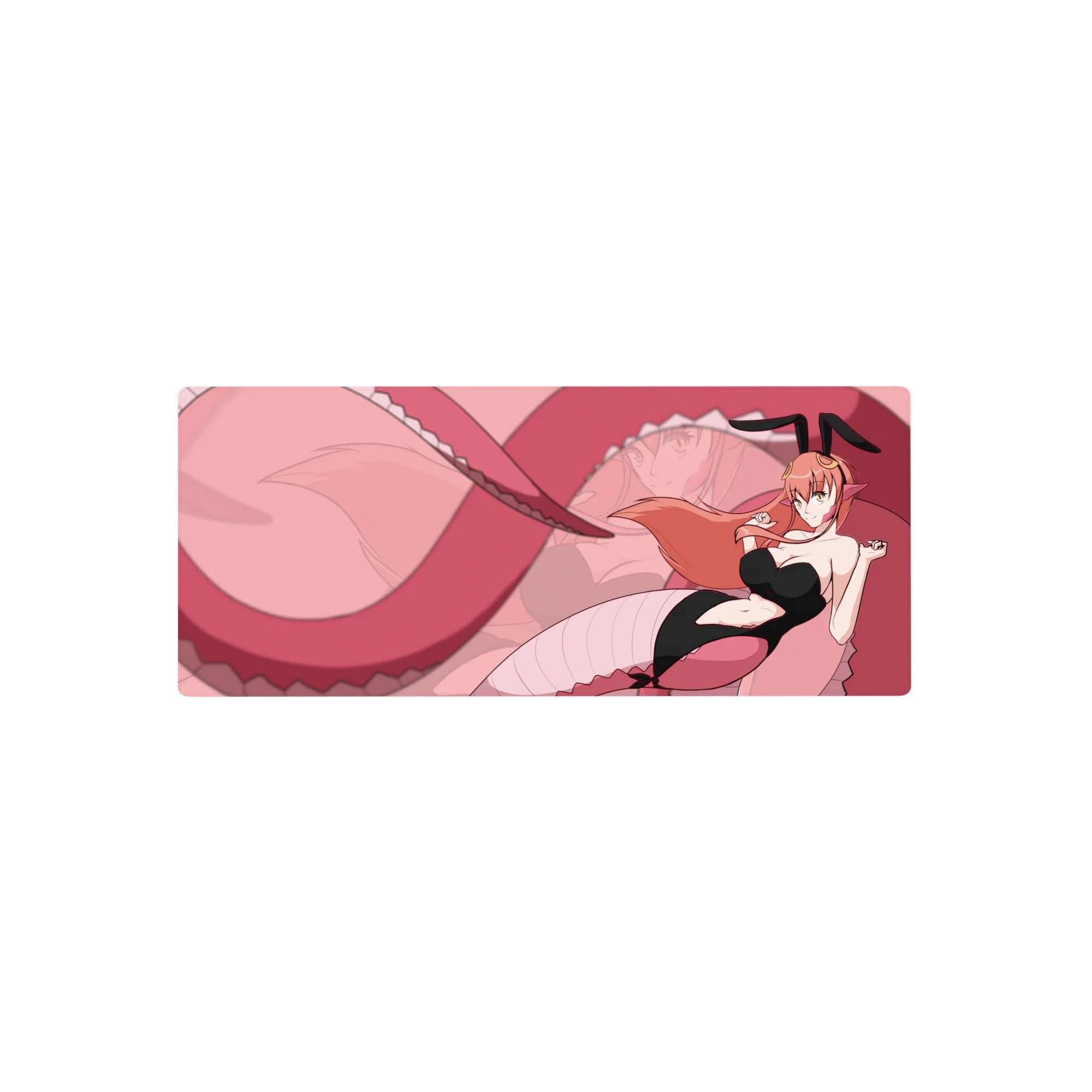 28x12 inches anime girl mouse pad with pink swirl art, bunny-suit girl, ribbons, and looping tail backdrop.