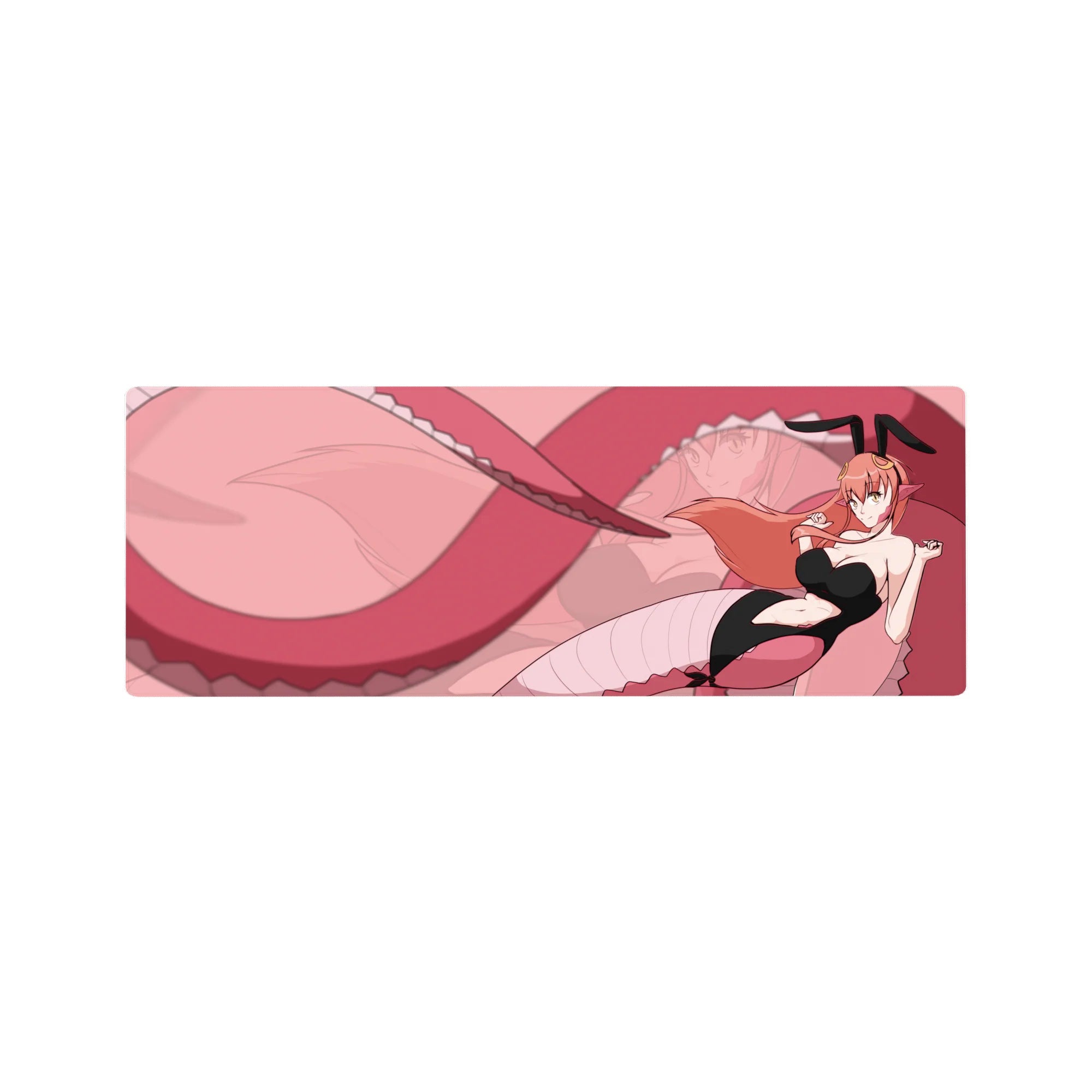 Anime girl mouse pad 32x12 inches with pink swirl background, bunny-suit girl, ribbons, and looping tail art.
