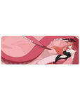 Anime girl mouse pad 32x12 inches with pink swirl background, bunny-suit girl, ribbons, and looping tail art.
