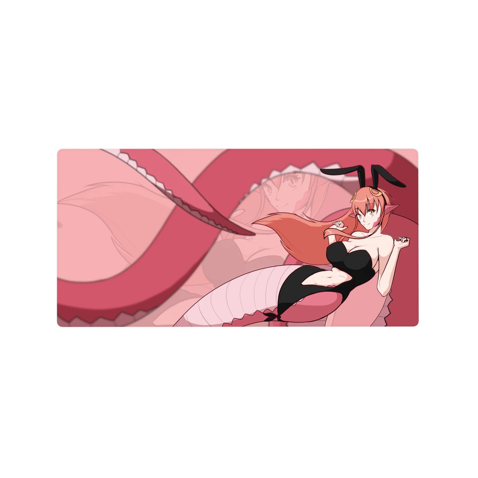 Anime girl mouse pad 32x16 inches with bunny-suit girl, ribbons, peach hair, and looping tail backdrop.