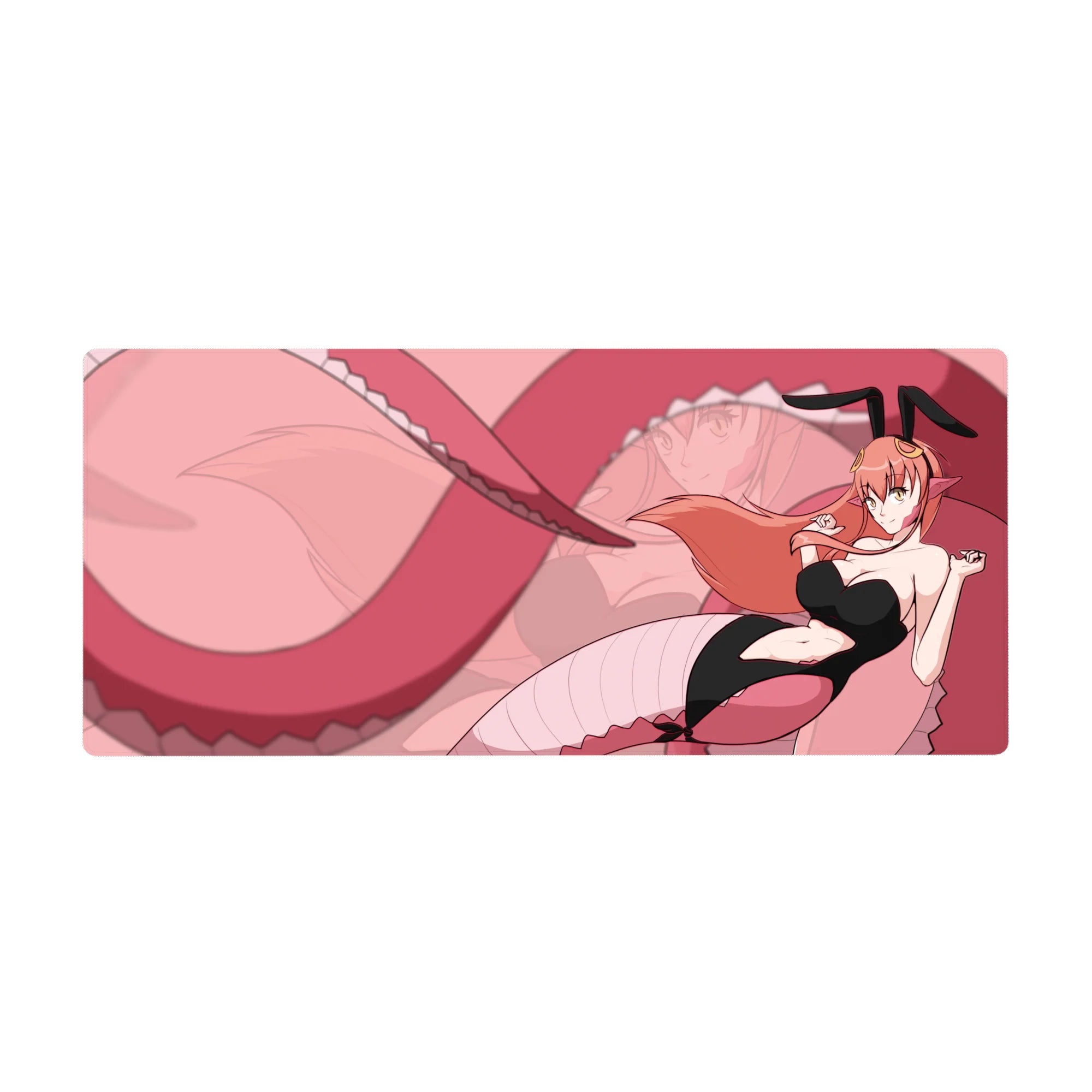 36x16 inches anime girl desk pad with pink swirl art, bunny-suit girl, ribbons, and looping tail backdrop.