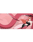 36x16 inches anime girl desk pad with pink swirl art, bunny-suit girl, ribbons, and looping tail backdrop.