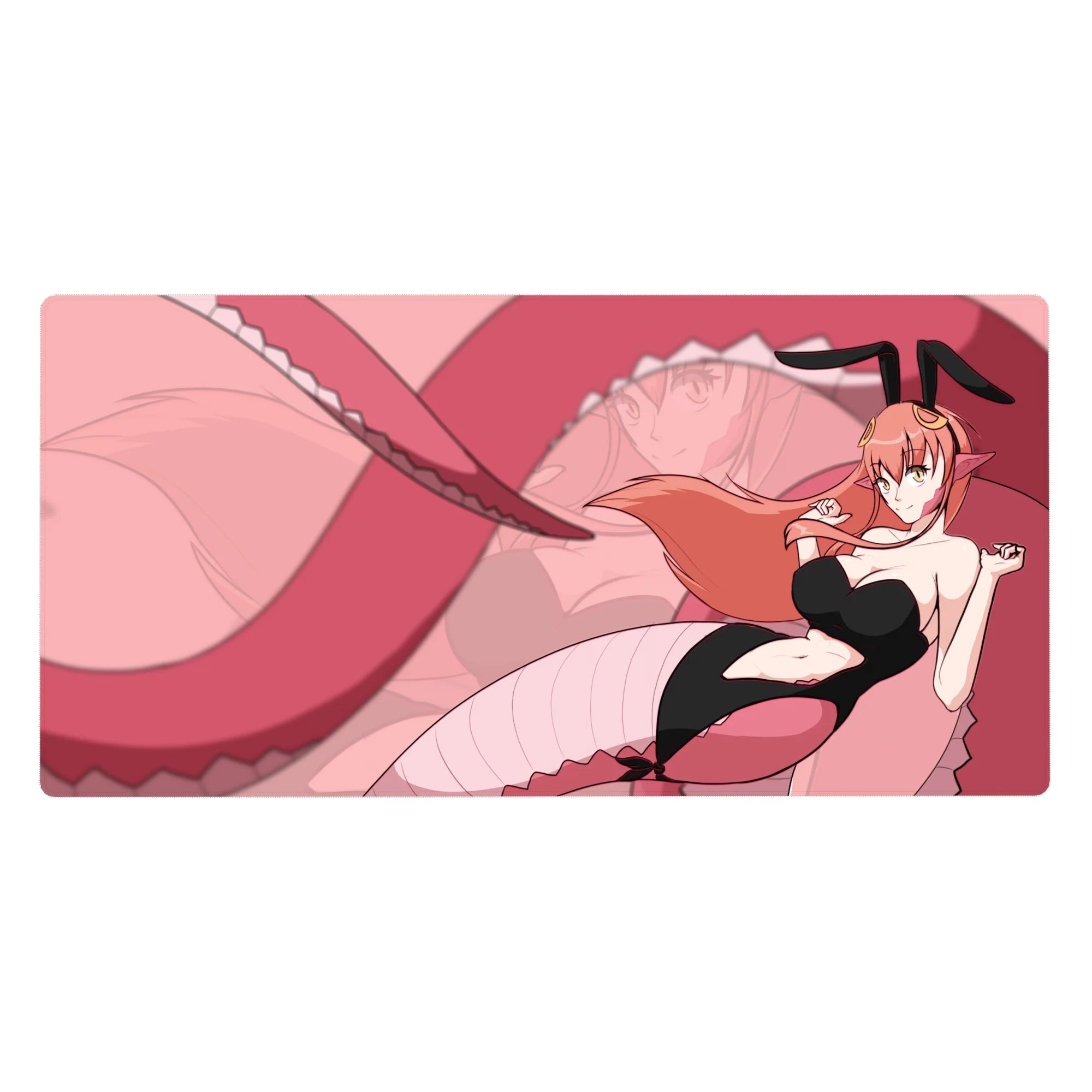 Flirty bunny-suit anime girl desk pad with peach hair, ribbons, and looping tail backdrop, 40x20 inches.