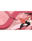Flirty bunny-suit anime girl desk pad with peach hair, ribbons, and looping tail backdrop, 40x20 inches.