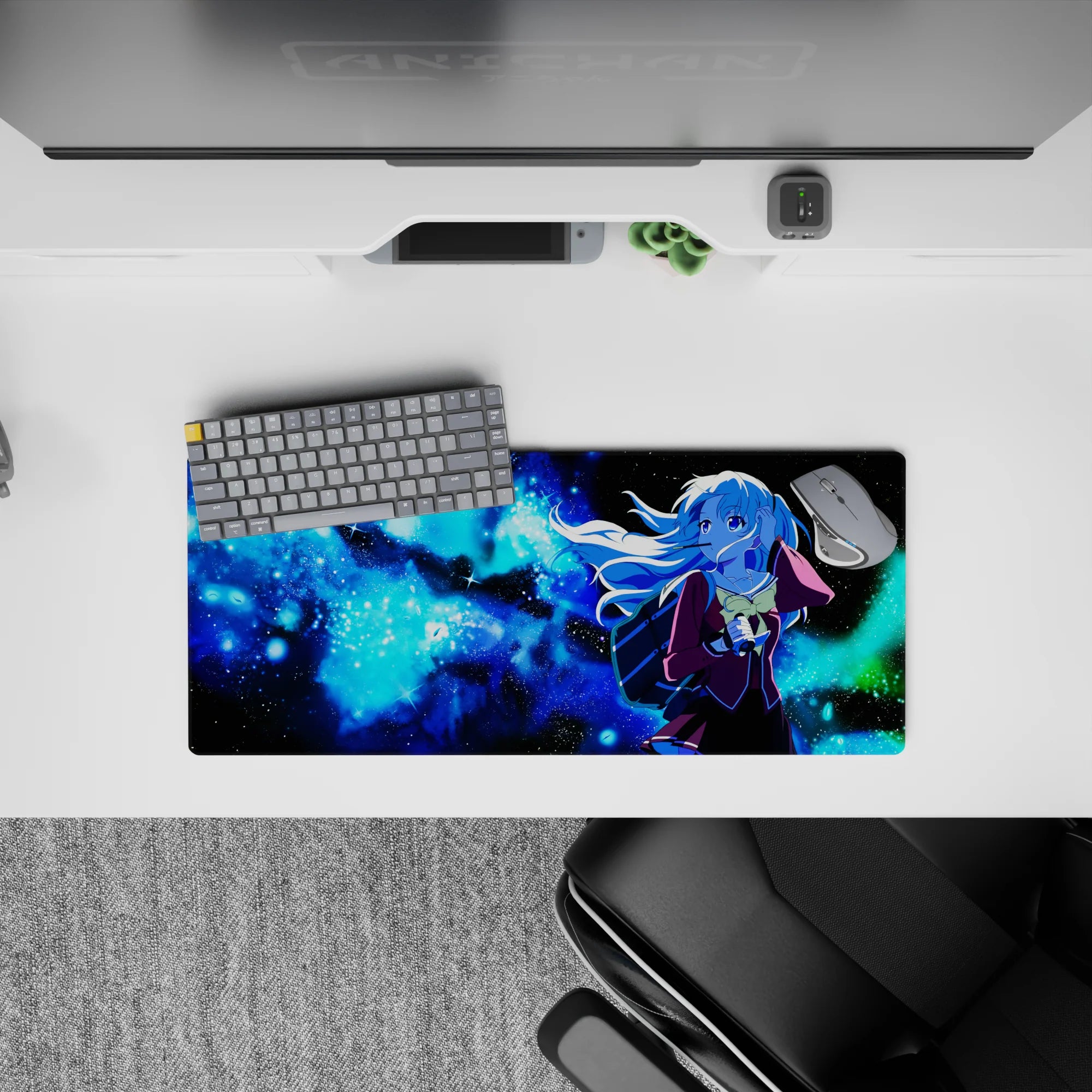 Dreamy cosmic anime girl mouse pad 28x12 inches in icy blue gradients with burgundy uniform accents.