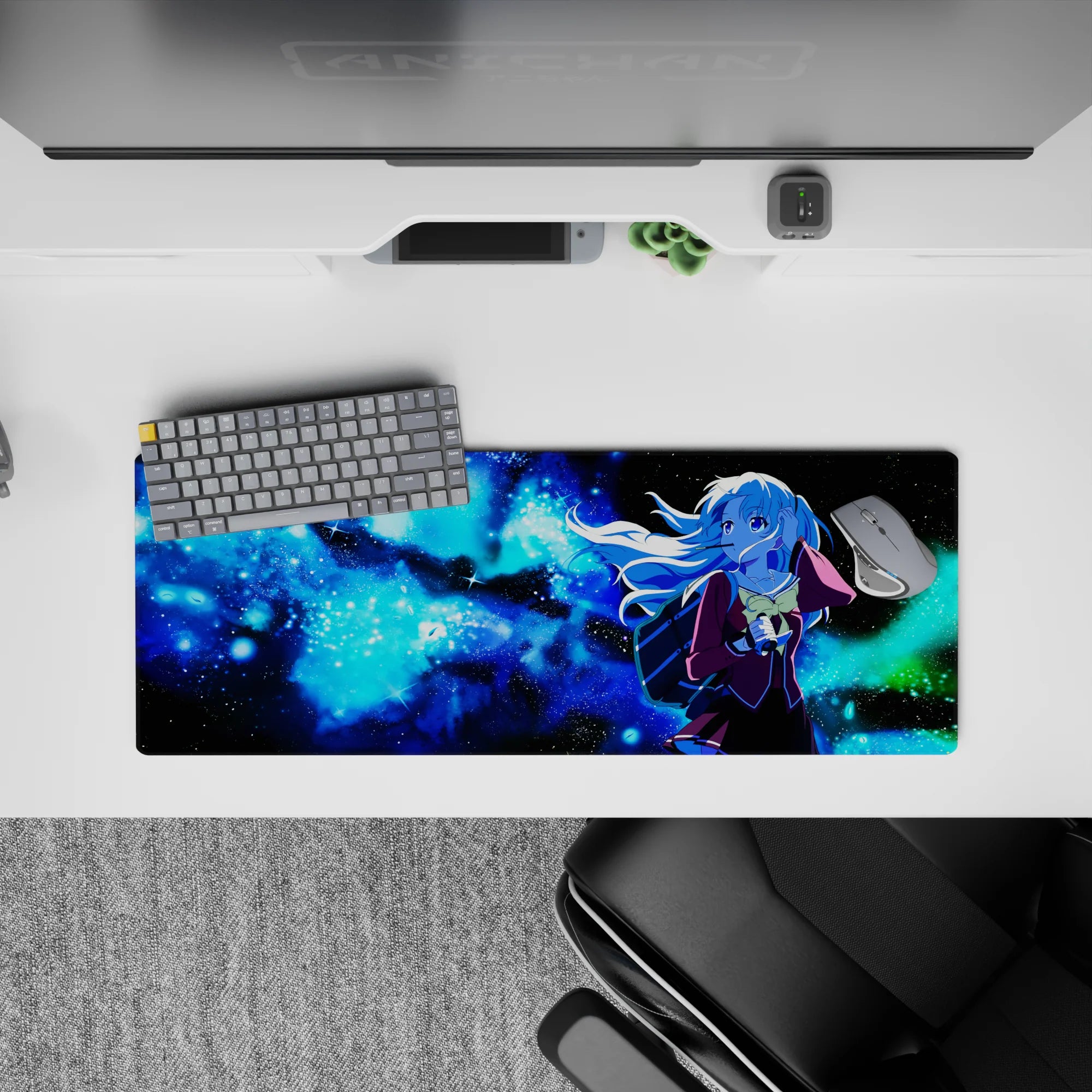 32x12 inches anime girl mouse pad in icy blue cosmic gradients with glittering stars and burgundy uniform accents.