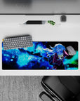 32x12 inches anime girl mouse pad in icy blue cosmic gradients with glittering stars and burgundy uniform accents.