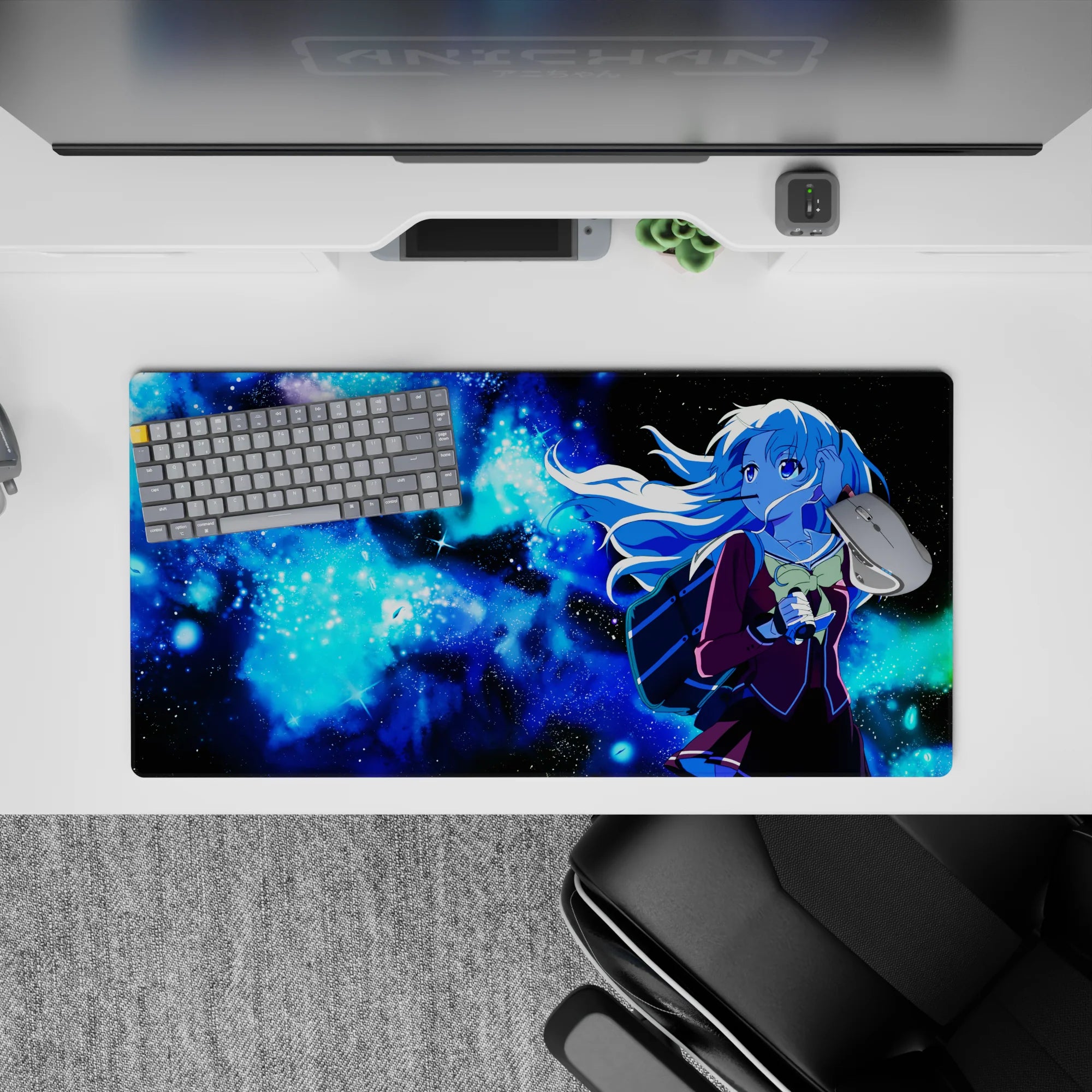 Cosmic neon-blue and icy gradients anime girl mouse pad 32x16 inches, glittering stars and soft vibe.