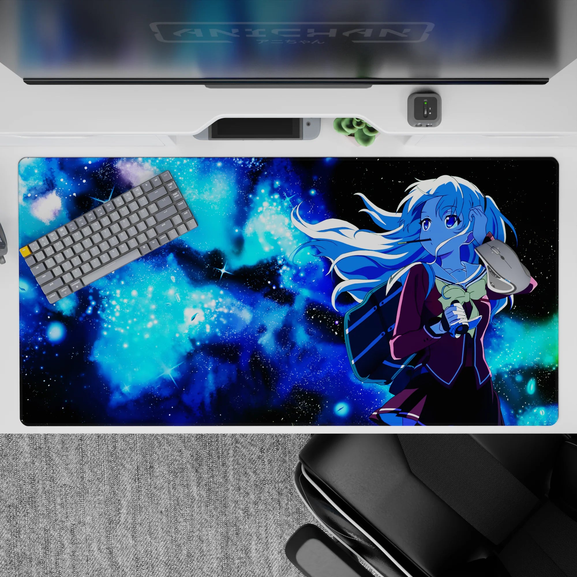 Cosmic anime girl desk pad 40x20 inches in neon blues with burgundy accents, soft magical night vibe.