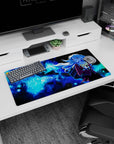 Schoolgirl drifting through starry space with comet-like hair, burgundy uniform, mouse pad 32x16 inches.