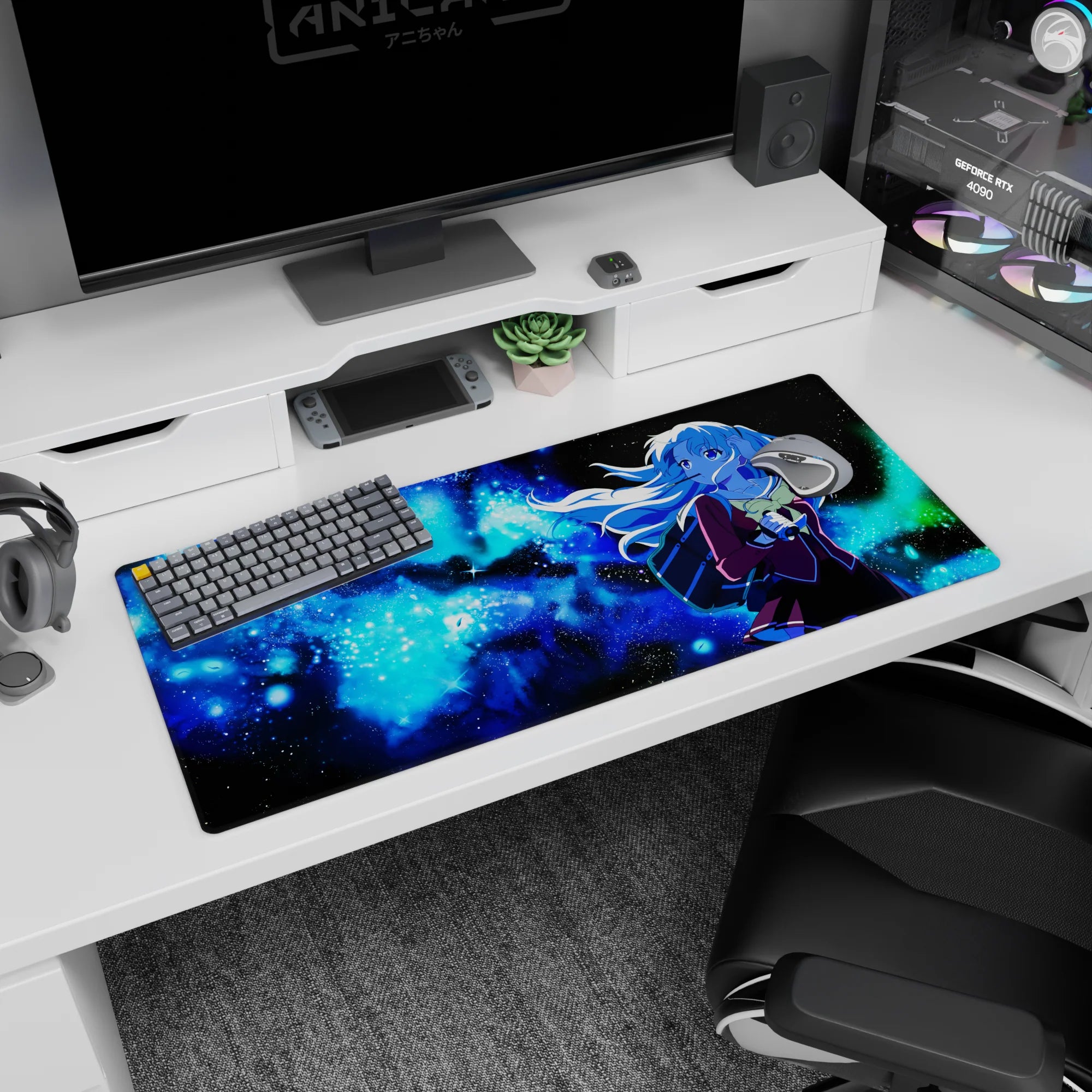Schoolgirl anime desk pad 36x16 inches showing long flowing hair like a comet tail in outer space.
