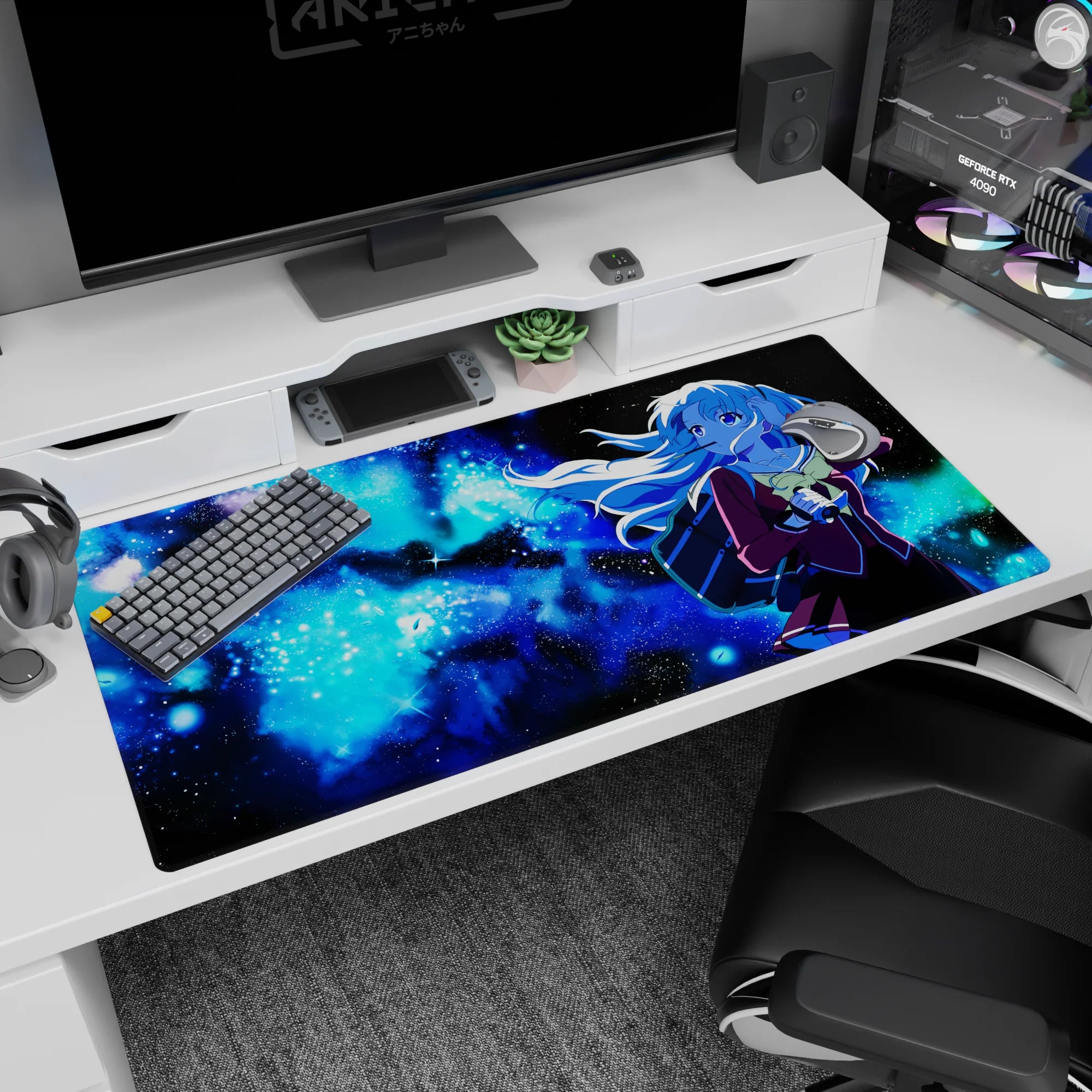 Schoolgirl with long comet hair in starry space on anime girl desk pad 40x20 inches.
