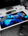 Schoolgirl with long comet hair in starry space on anime girl desk pad 40x20 inches.