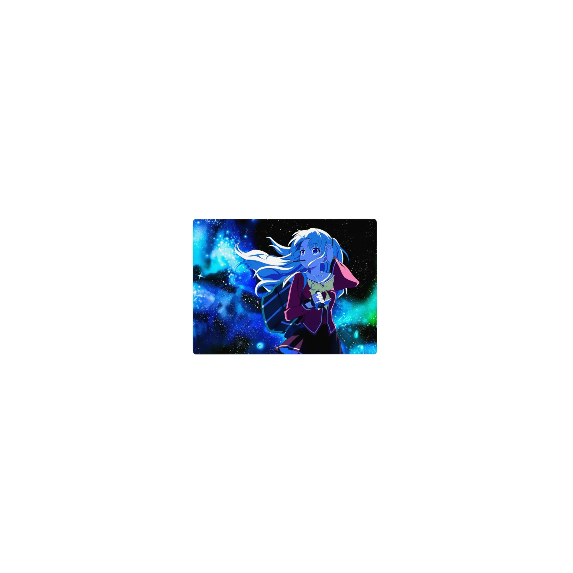 Classic anime girl mouse pad 14x10 inches with schoolgirl in a neon galaxy, long flowing hair and stars.