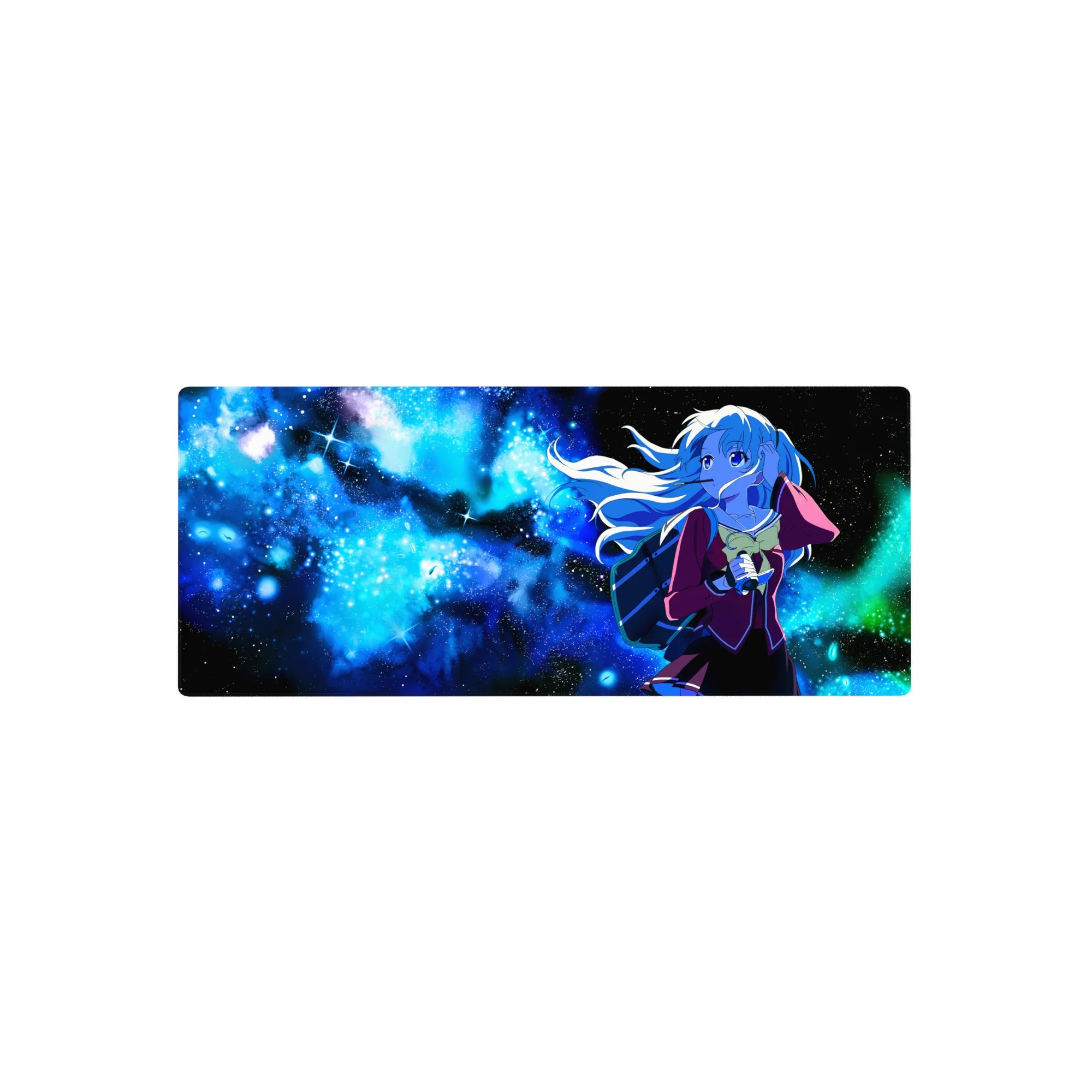 Anime girl mouse pad 28x12 inches with schoolgirl in a neon-blue galaxy and sparkling stars.