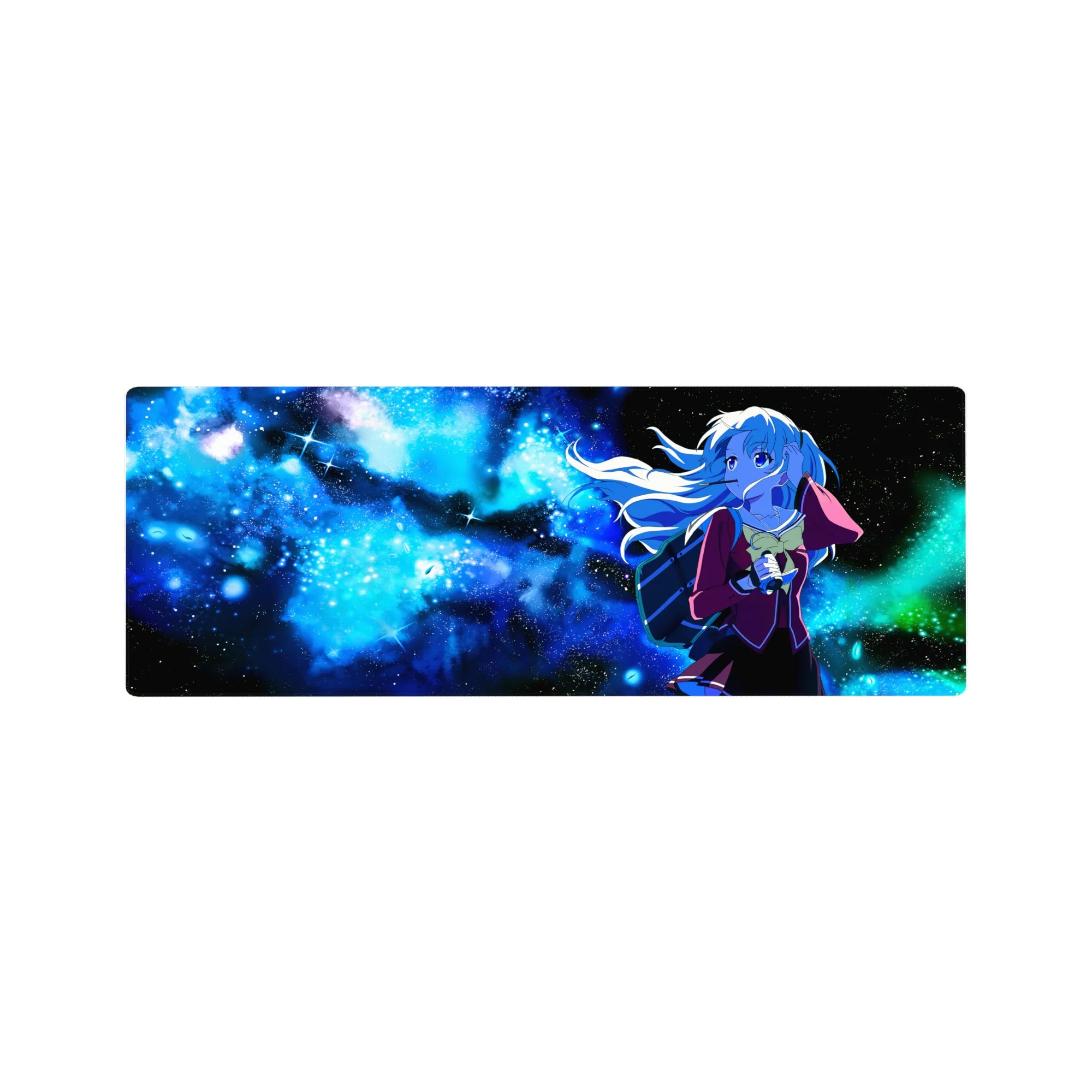 32x12 inches anime girl mouse pad with schoolgirl drifting in a neon-blue galaxy, long flowing hair and stars.