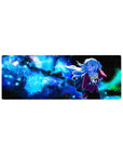 32x12 inches anime girl mouse pad with schoolgirl drifting in a neon-blue galaxy, long flowing hair and stars.