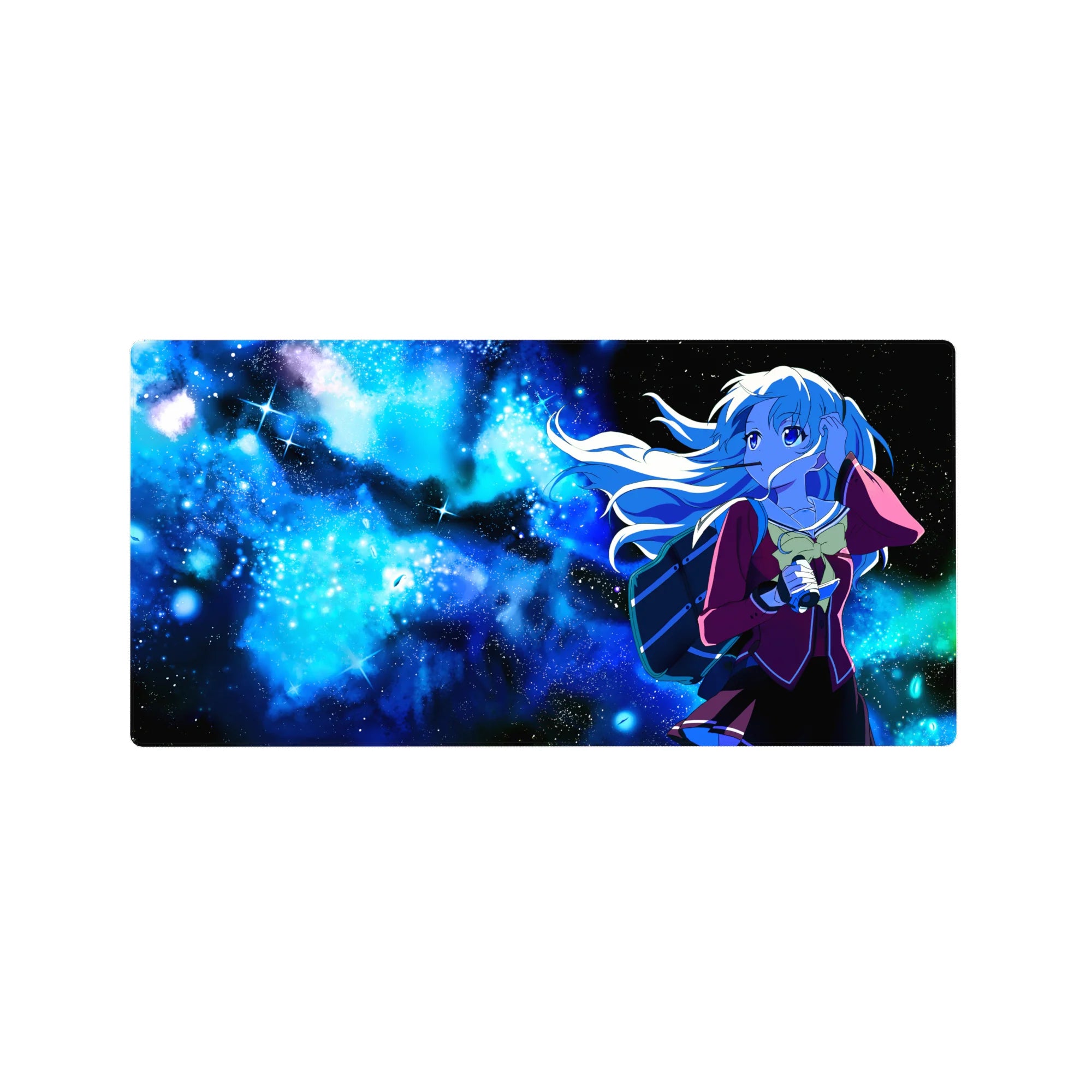 Anime girl mouse pad 32x16 inches with dreamy schoolgirl in a neon-blue galaxy and streaming long hair.