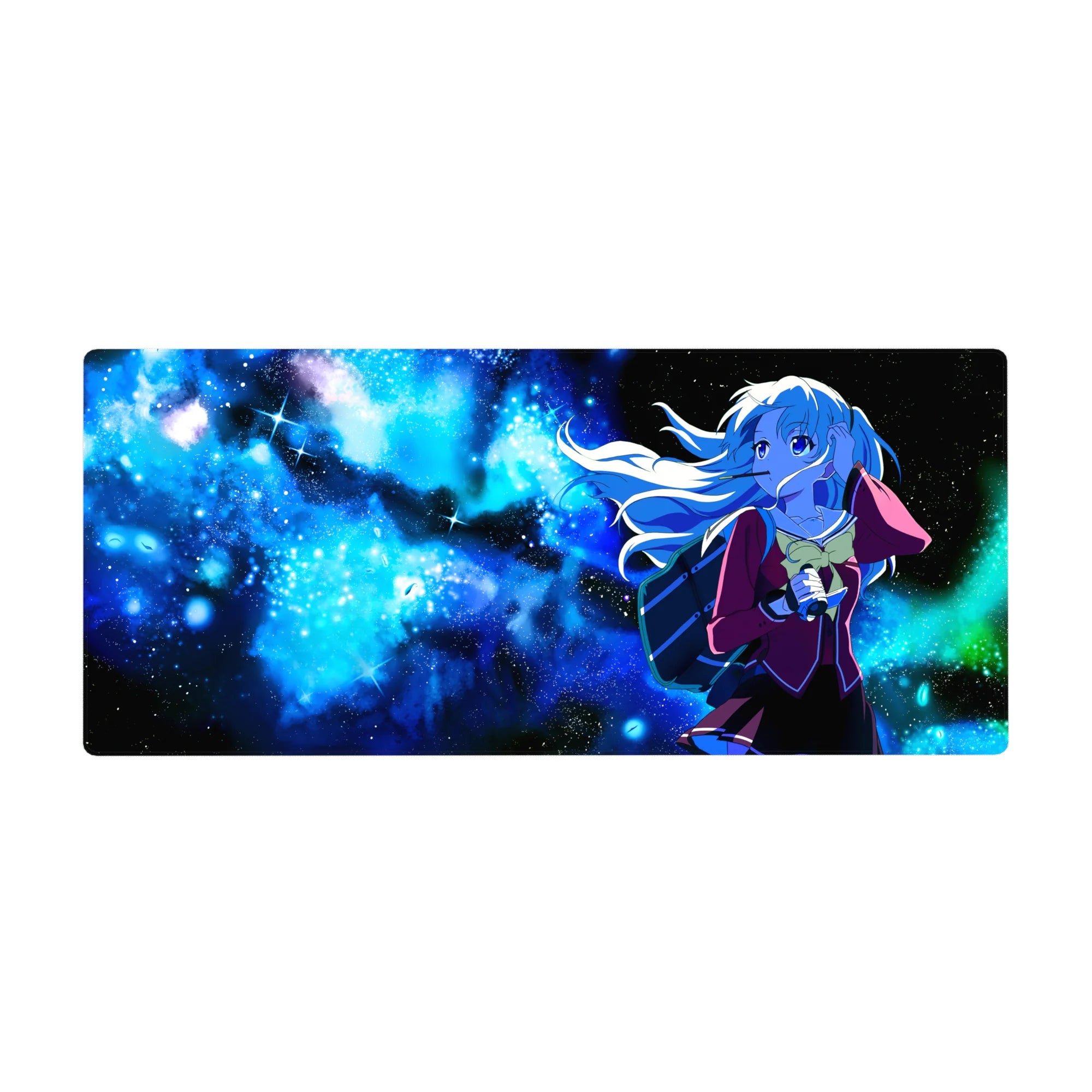 Anime girl desk pad 36x16 inches with schoolgirl floating in a neon-blue galaxy, starry background.