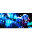 Anime girl desk pad 36x16 inches with schoolgirl floating in a neon-blue galaxy, starry background.