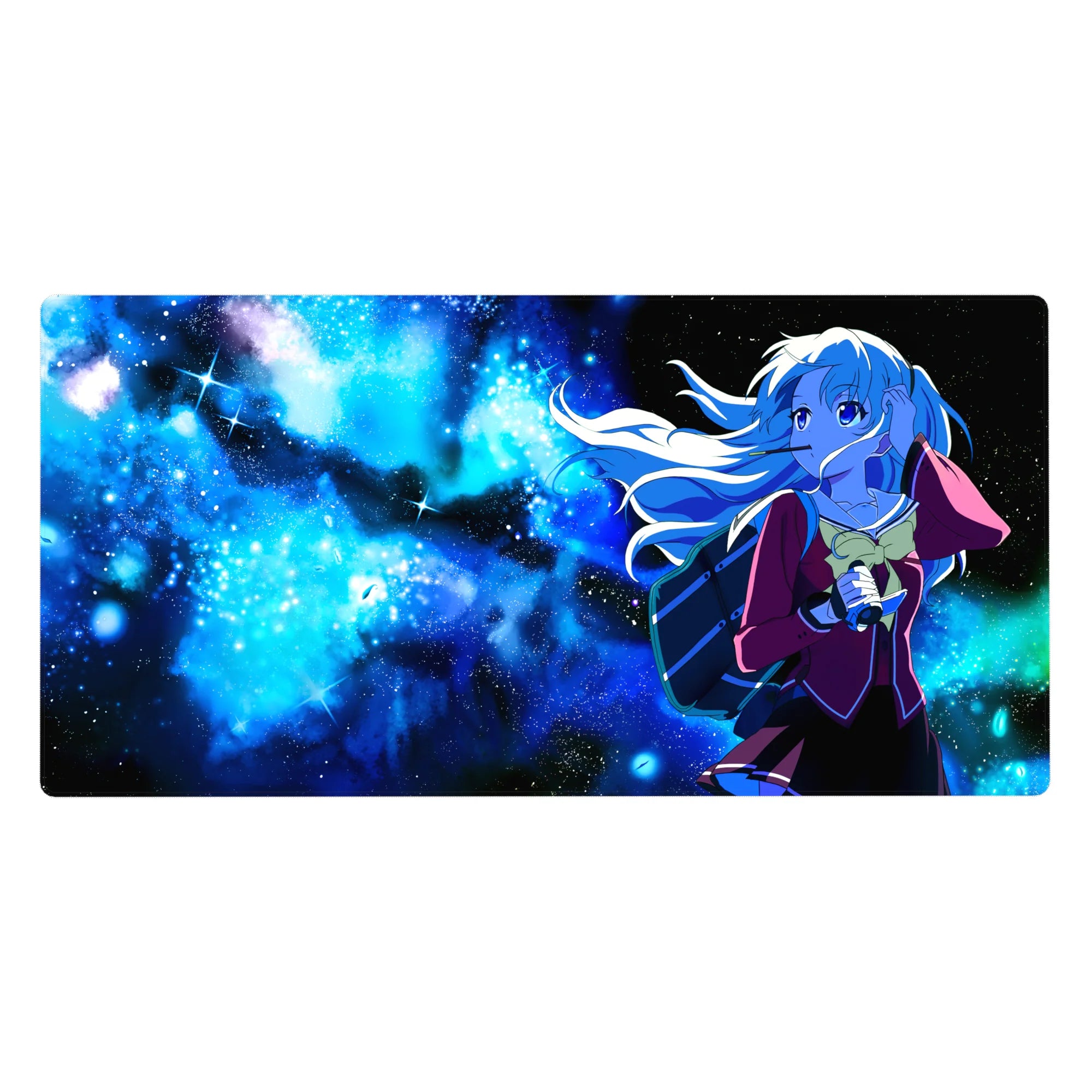 Anime girl desk pad 40x20 inches with dreamy schoolgirl drifting through a neon-blue galaxy and stars.