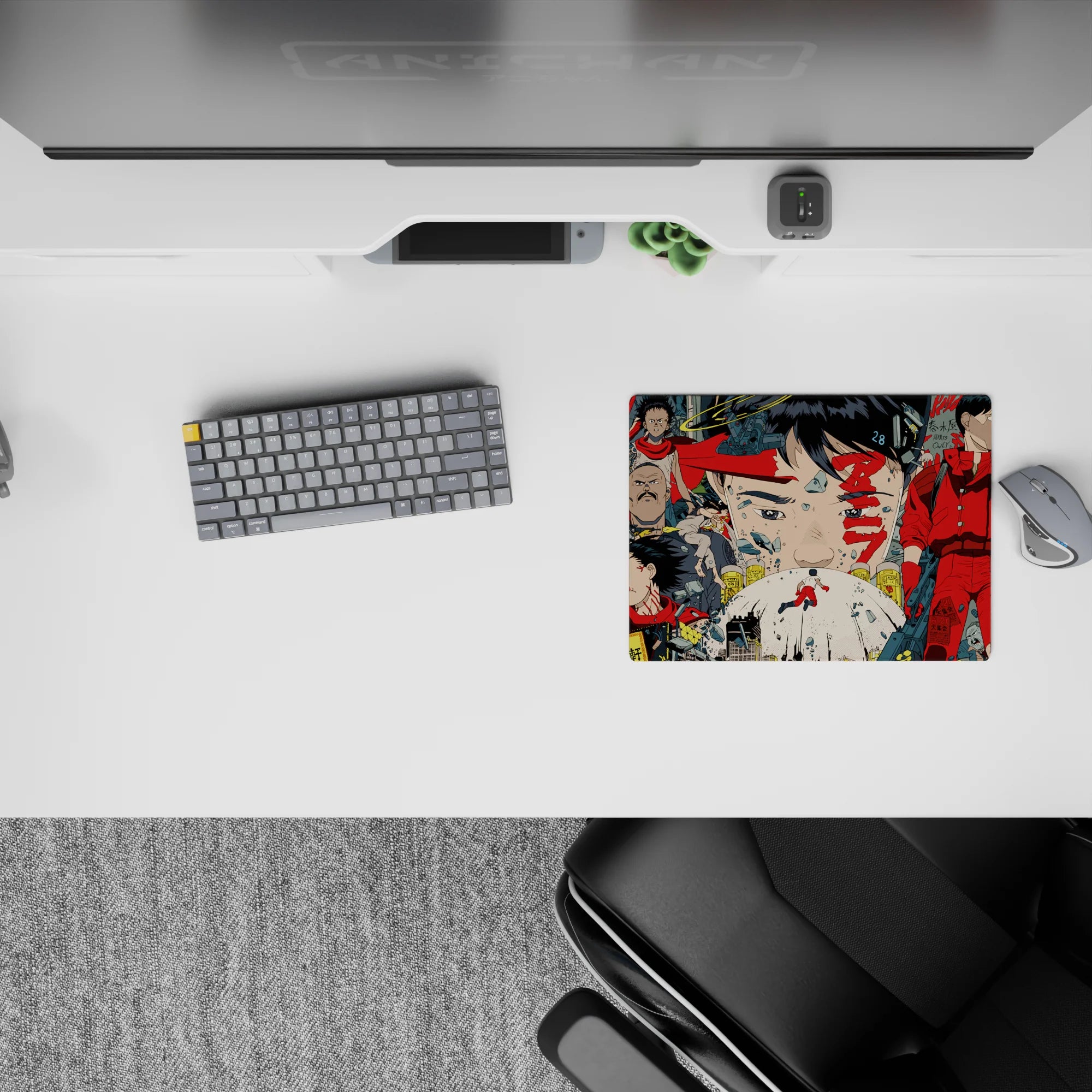 Neon red and gunmetal gray classic anime mouse pad 14x10 inches with bold ink lines and tense city mood.