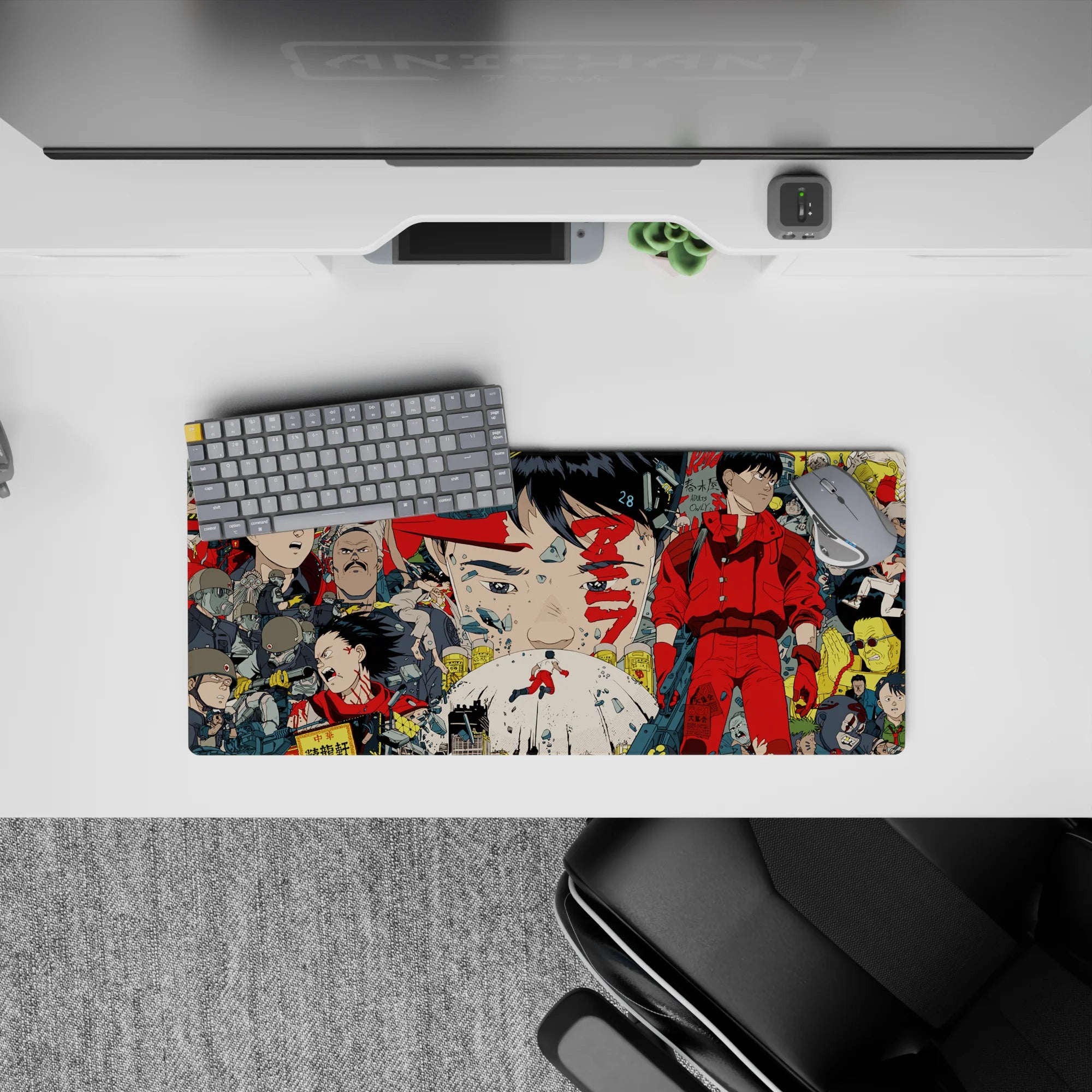 Neon red and gunmetal gray anime mouse pad 28x12 inches with ink-black line art, tense cyberpunk vibe.