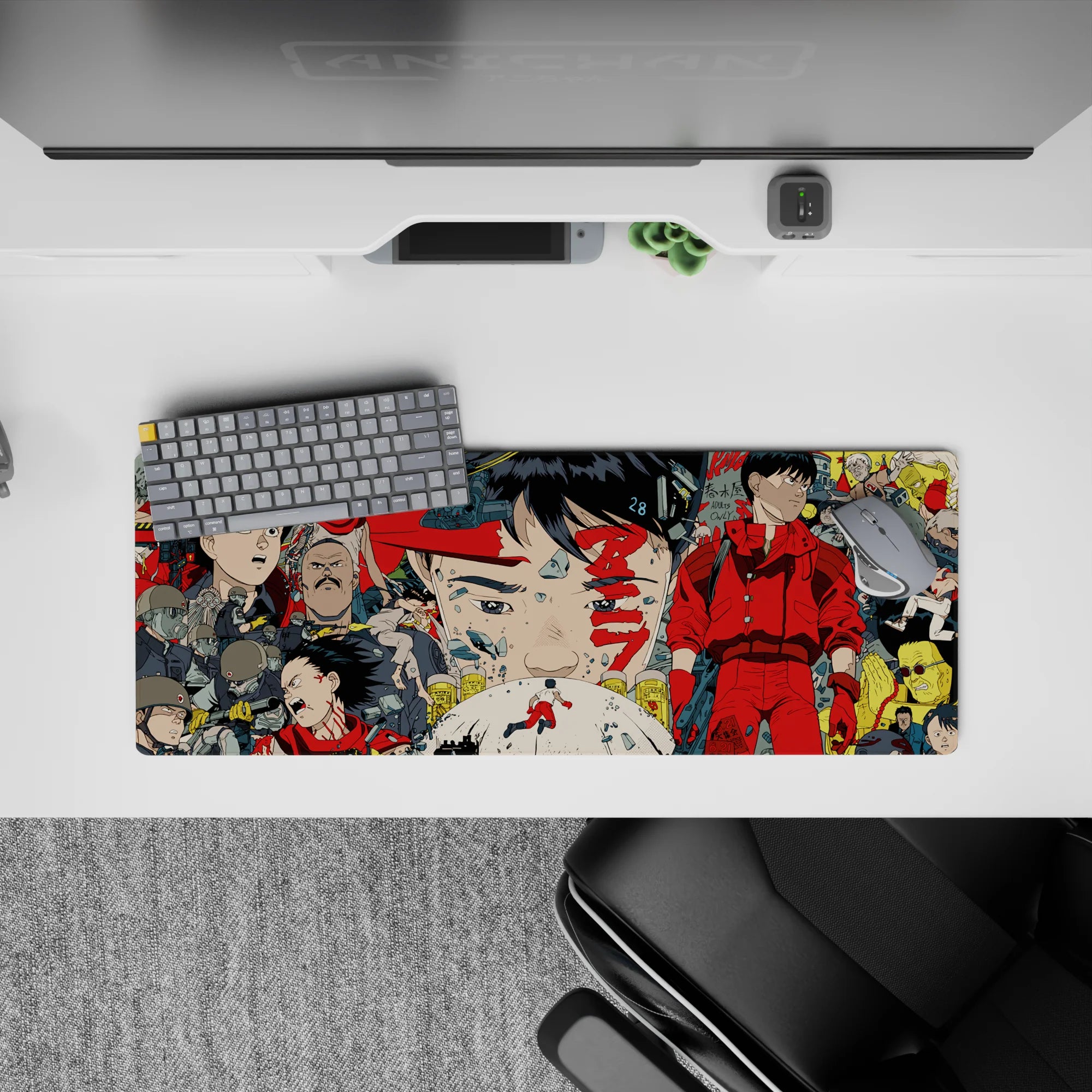 32x12 inches anime mouse pad in neon reds and gunmetal grays, inky lines, tense cinematic mood.