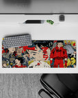 32x12 inches anime mouse pad in neon reds and gunmetal grays, inky lines, tense cinematic mood.