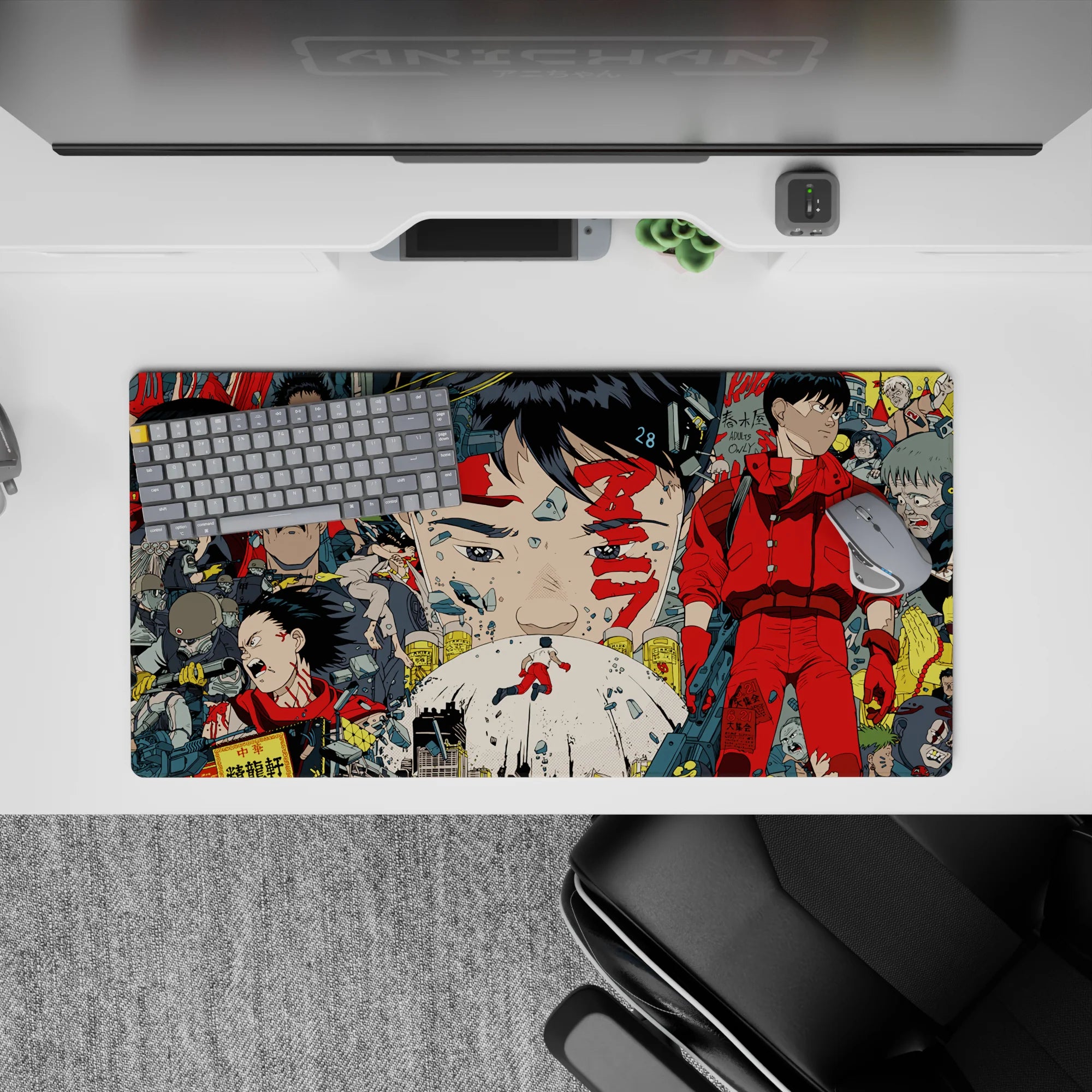32x16 inches anime mouse pad in neon reds and gunmetal grays, ink-black lines, tense cinematic vibe.