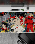 Neon red and gunmetal gray anime desk pad 40x20 inches, ink-black lines and tense cyberpunk mood.