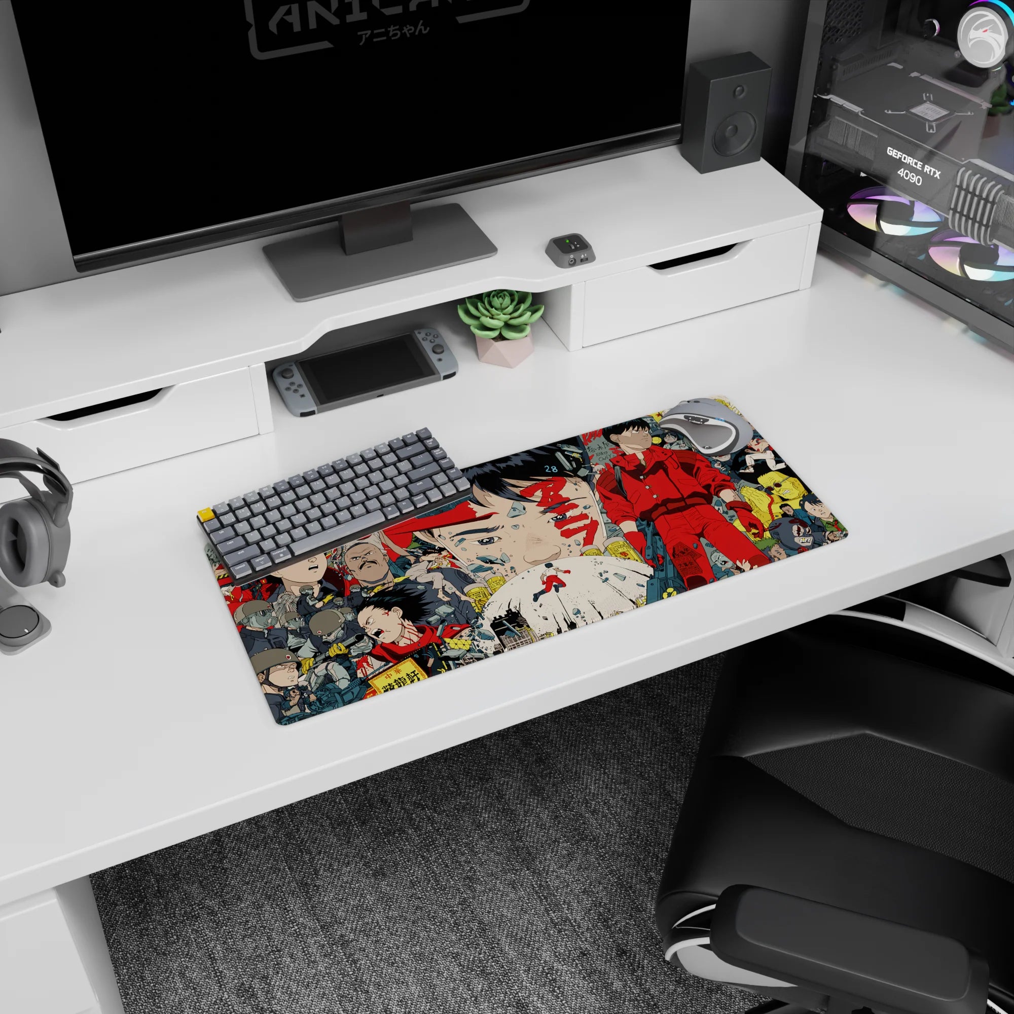 Kaneda in iconic red jumpsuit on Akira anime mouse pad 28x12 inches, calm stare amid urban mayhem.